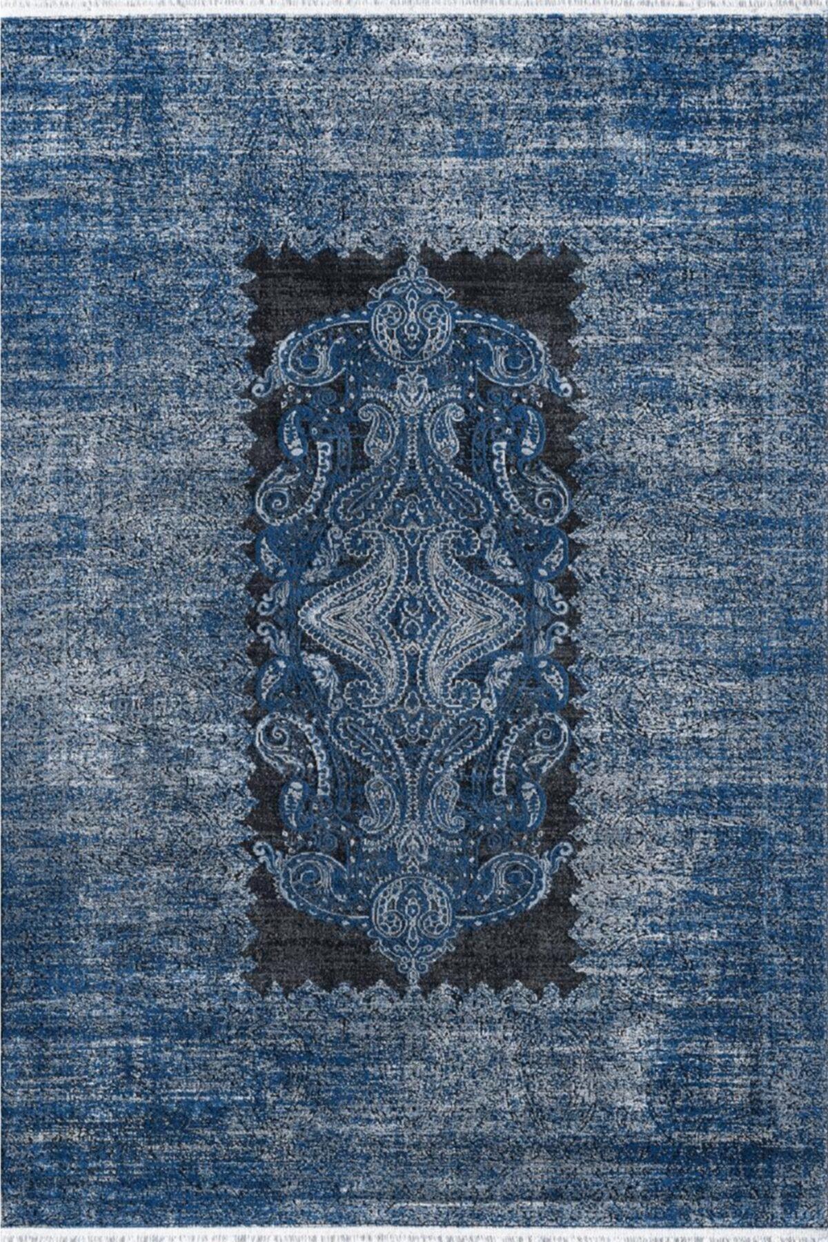Royal Halı BABIL BX17A Lacivert 7 mm Akrilik Toz Tutmaz Yıkanabilir İnce Kaymaz Lateks Taban Dikdörtgen Makine Dokuma Salon Halısı 140x200 cm