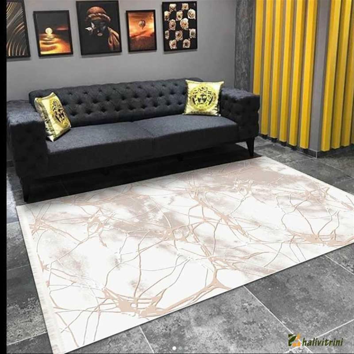 İpek Mekik Halı Gaspara 14504 Bej 10 mm Akrilik Yıkanabilir Orta Kaymaz Pamuk Taban Dikdörtgen Makine Dokuma Antre-Çocuk Odası-Salon-Yatak Odası Halısı 100x200 cm