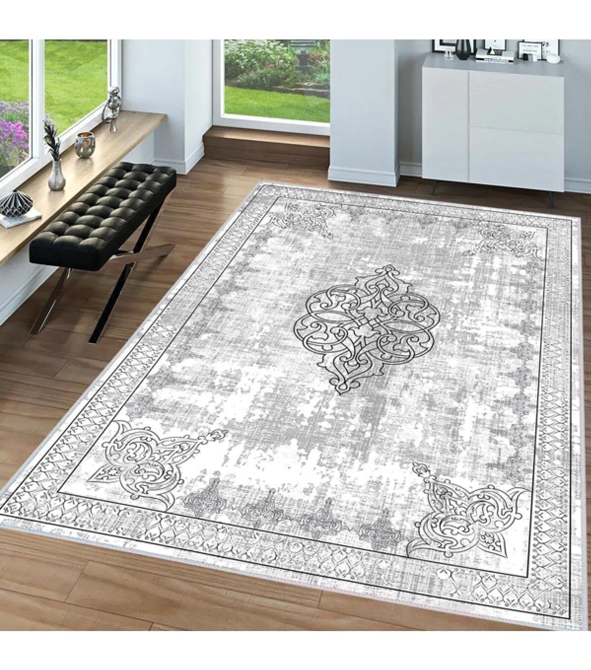 Rovigo Home RVG0048-SD1127 Gri 8 mm Polyester Yıkanabilir Orta Kaymaz Dot Taban Dikdörtgen Makine Dokuma Salon Halısı 120x180 cm