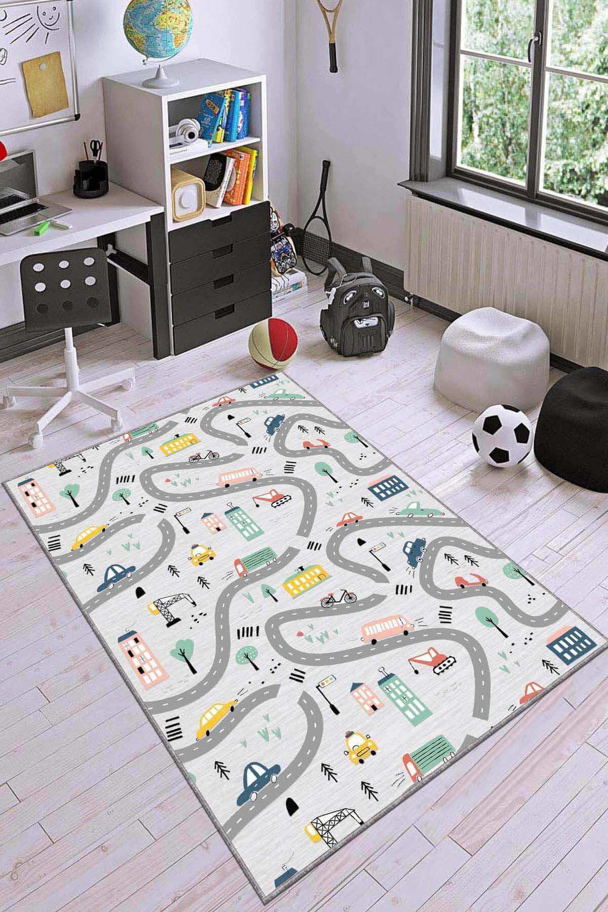 Viva Home KD087 Gri 7 mm Mikropolyester Toz Tutmaz Yıkanabilir İnce Kaymaz Dot Taban Dikdörtgen Makine Dokuma Çocuk Odası Halısı 200x290 cm