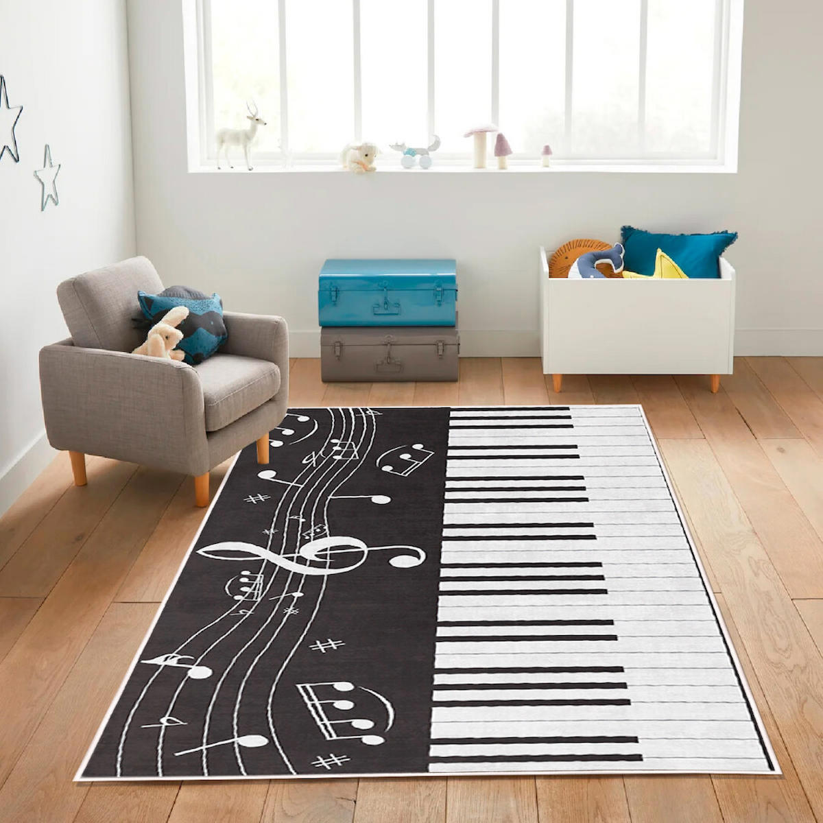 Homefesto Krem 5 mm Polyester Leke Tutmaz Yıkanabilir İnce Kaymaz Taban Piyano Desenli Dikdörtgen Makine Dokuma Çocuk Odası Halısı 200x290 cm