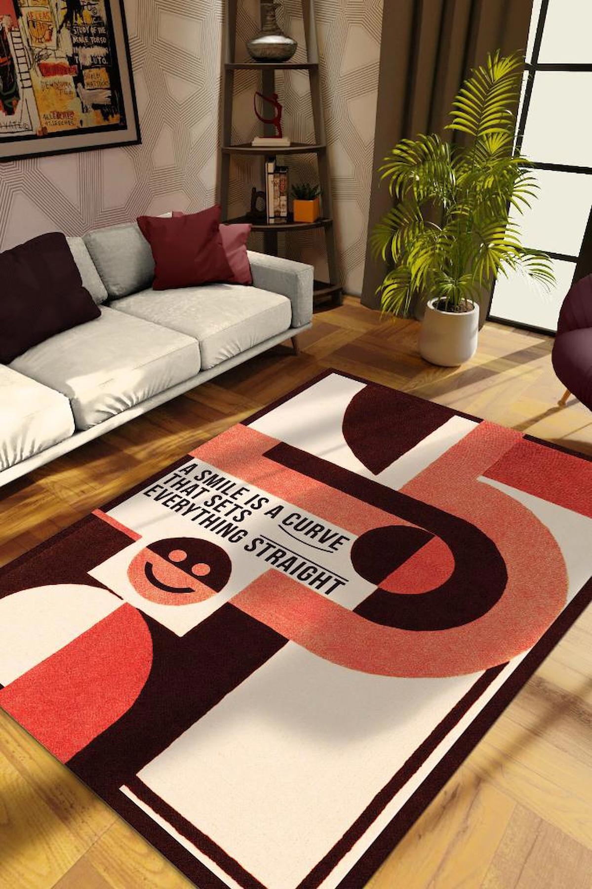 Homshtag Gülümseyince Düzelir Krem 4 mm Pamuk Antistatik Yıkanabilir İnce Kaymaz Dikdörtgen Makine Dokuma Salon Halısı 160x230 cm