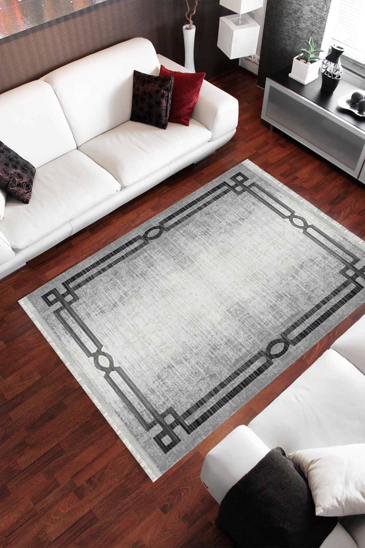 Homier Collection H-MD-0069A Gri-Siyah 7 mm Pamuk Antibakteriyel Yıkanabilir Orta Kaymaz Dot Taban Dikdörtgen Makine Dokuma Salon Halısı 100x200 cm
