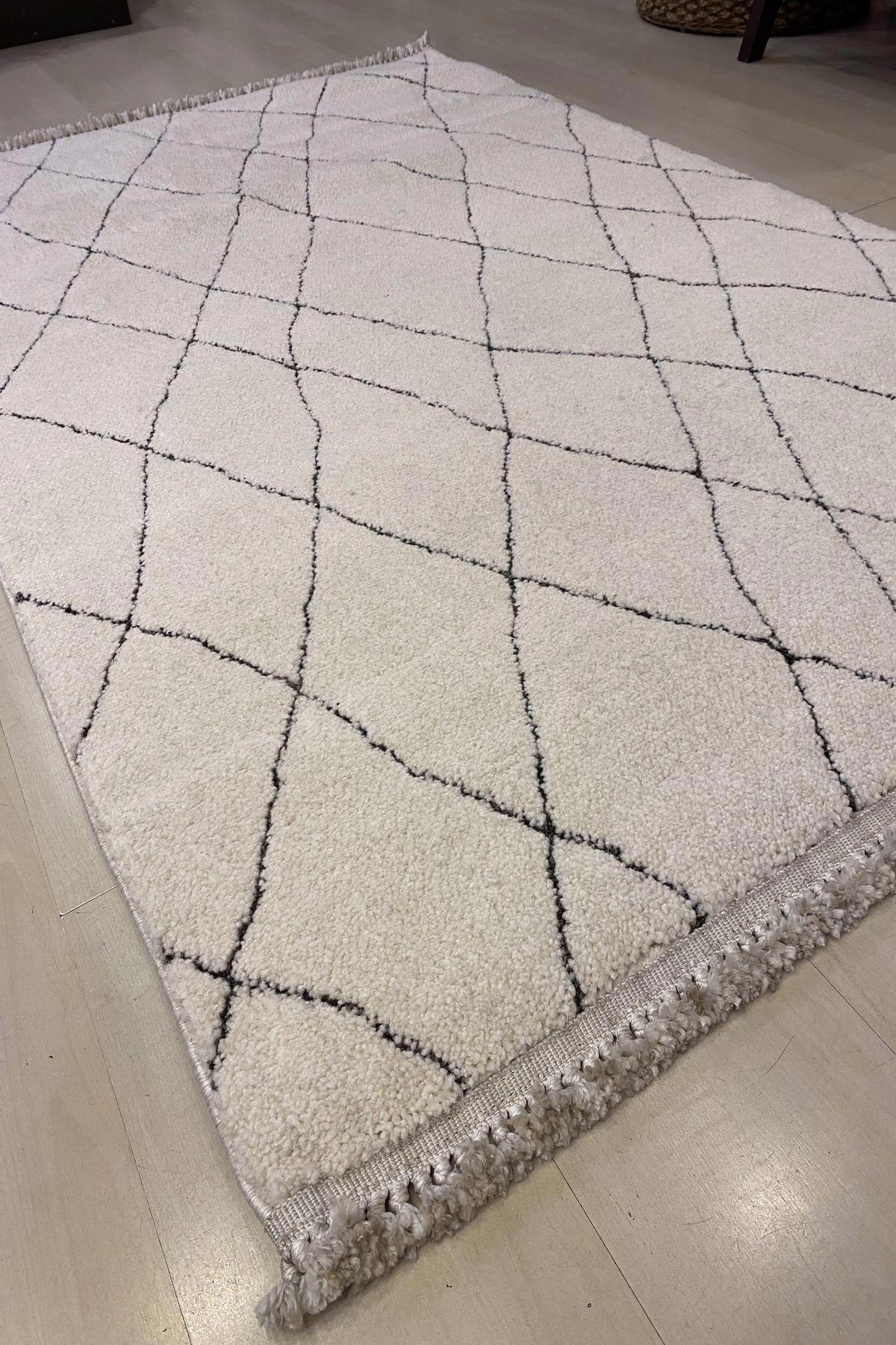 Eko Halı BHM03 Krem 10 mm Polyester Yıkanabilir Kalın Jüt Taban Dikdörtgen Makine Dokuma Salon Halısı 160x230 cm