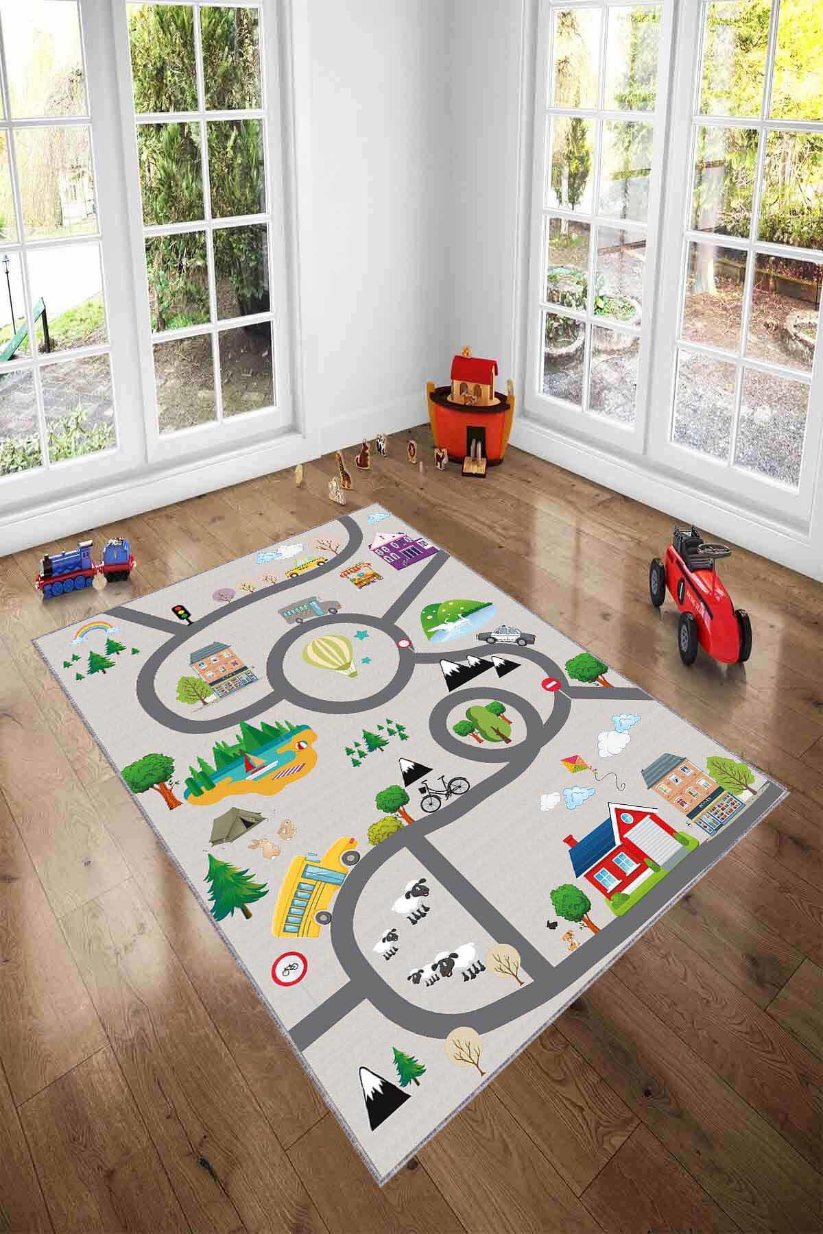 Viva Home AR1133 Gri 7 mm Mikropolyester Toz Tutmaz Yıkanabilir İnce Kaymaz Dot Taban Dikdörtgen Makine Dokuma Çocuk Odası Halısı 100x200 cm