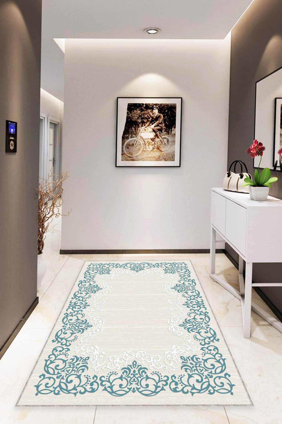 Viva Home MK61 Beyaz-Turkuaz 7 mm Mikropolyester Koku Yapmaz-Leke Tutmaz-Toz Tutmaz Yıkanabilir İnce Kaymaz Dot Taban Dikdörtgen Makine Dokuma Antre-Oturma Odası-Salon-Yatak Odası Halısı 120x200 cm