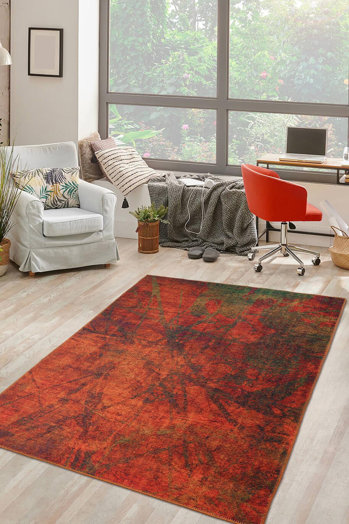 Artloop AL-09 Turuncu 4 mm Polyester Yıkanabilir İnce Kaymaz Jüt Taban Dikdörtgen Makine Dokuma Salon Halısı 140x200 cm