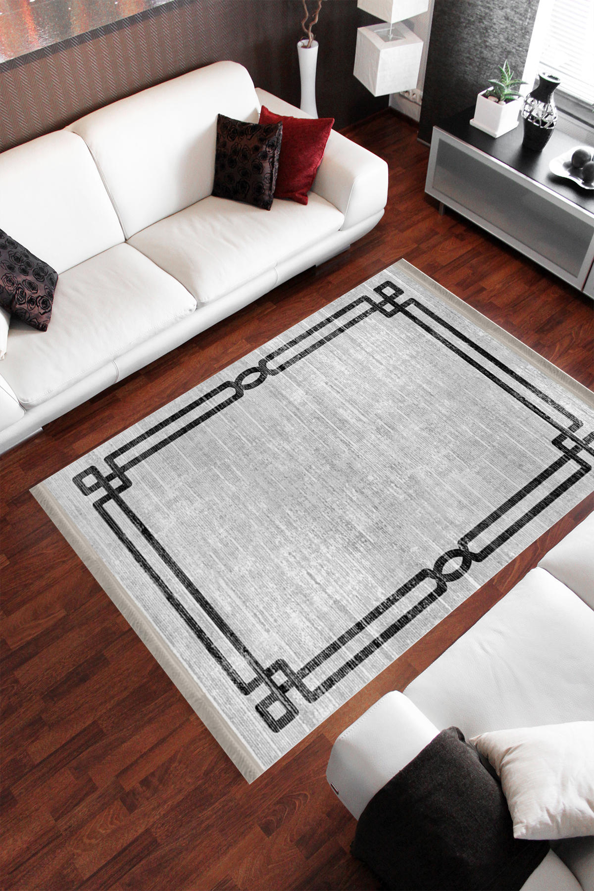 Homier Collection H-MD-0063A Gri-Siyah 7 mm Pamuk Antibakteriyel Yıkanabilir Orta Kaymaz Dot Taban Dikdörtgen Makine Dokuma Salon Halısı 80x150 cm