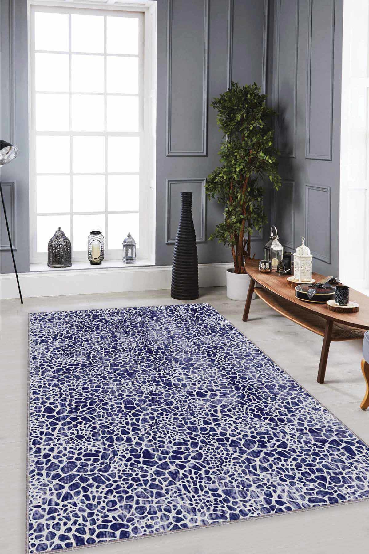 Viva Home LE003 Lacivert 7 mm Mikropolyester Leke tutmaz Yıkanabilir İnce Kaymaz Dot Taban Dikdörtgen Makine Dokuma Salon Halısı 140x200 cm