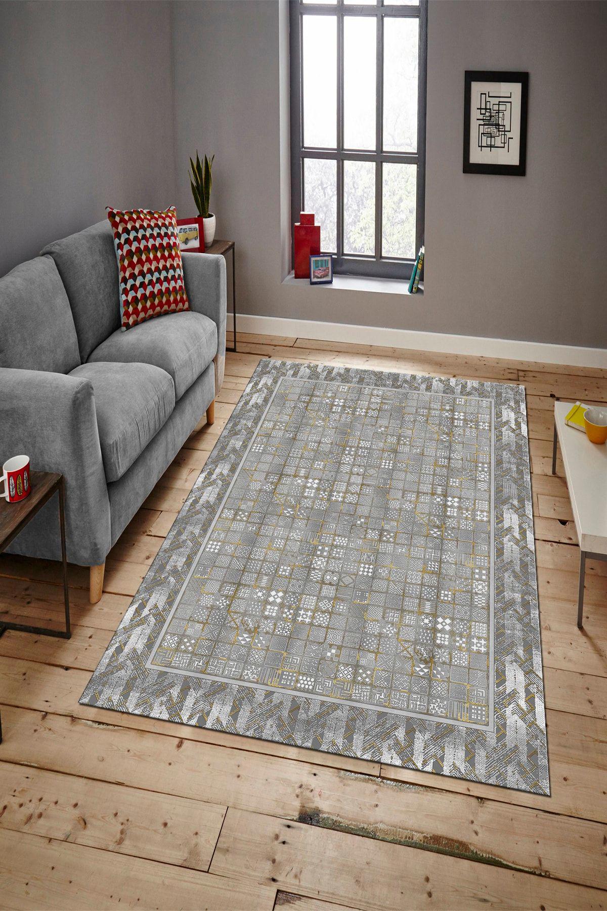 Aldora B1310 Altın-Gri 9 mm Deri Toz Tutmaz Yıkanabilir İnce Kaymaz Deri Taban Dikdörtgen Makine Dokuma Salon Halısı 120x180 cm