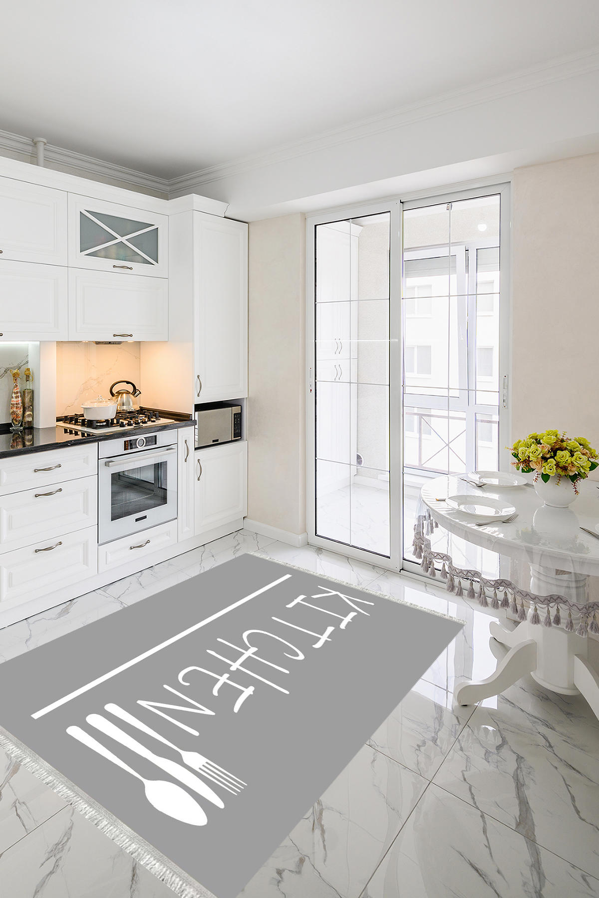 Homier Collection H-MK-9020A Beyaz-Gri 7 mm Pamuk Antibakteriyel Yıkanabilir Orta Kaymaz Dot Taban Dikdörtgen Makine Dokuma Salon Halısı 100x150 cm