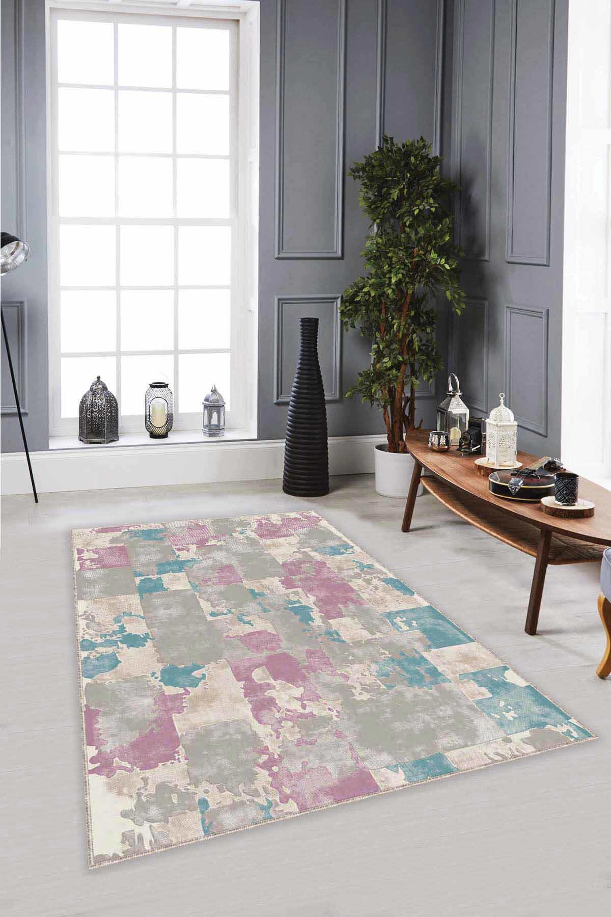 Viva Home SU03 Pembe-Turkuaz 7 mm Mikropolyester Leke Tutmaz Yıkanabilir İnce Kaymaz Dot Taban Dikdörtgen Makine Dokuma Salon Halısı 140x200 cm