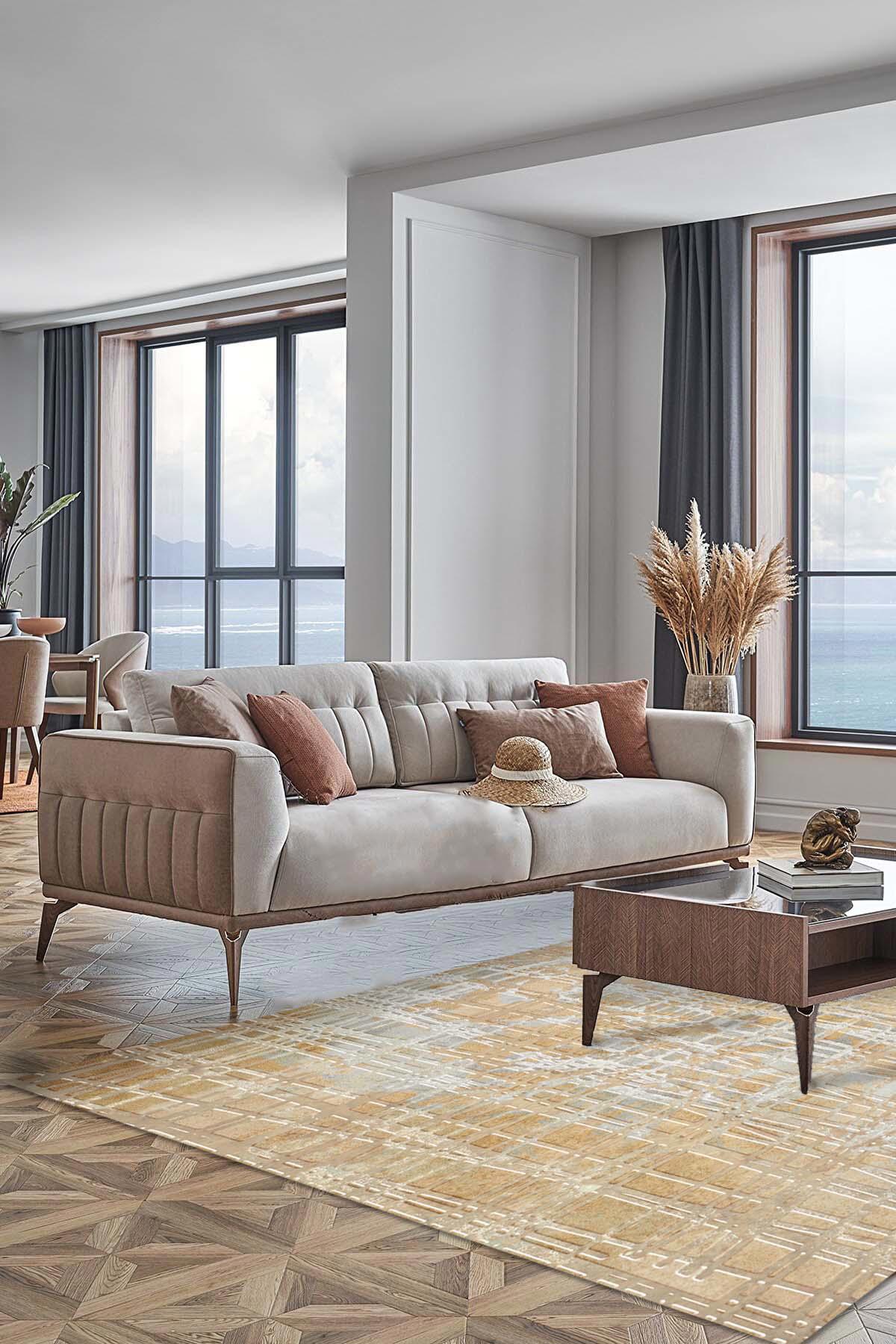 İlyaki Home Ian Krem 0.5 mm Pamuk Antialerjenik Yıkanabilir İnce Kaymaz Pamuk Taban Dikdörtgen Makine Dokuma Salon Halısı 120x180 cm