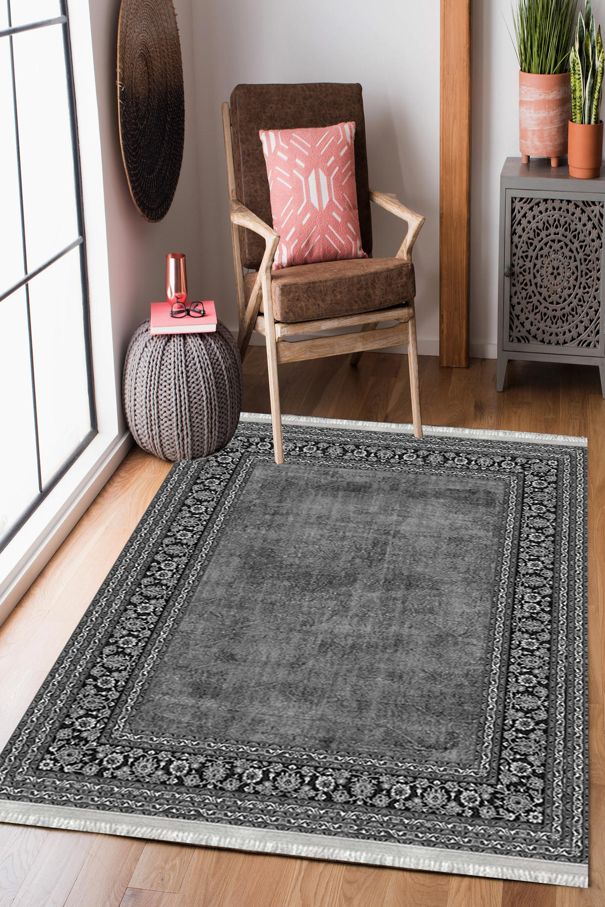Homier Collection H-KS-3058A Gri 7 mm Pamuk Antibakteriyel Yıkanabilir Orta Kaymaz Dot Taban Dikdörtgen Makine Dokuma Salon Halısı 200x300 cm
