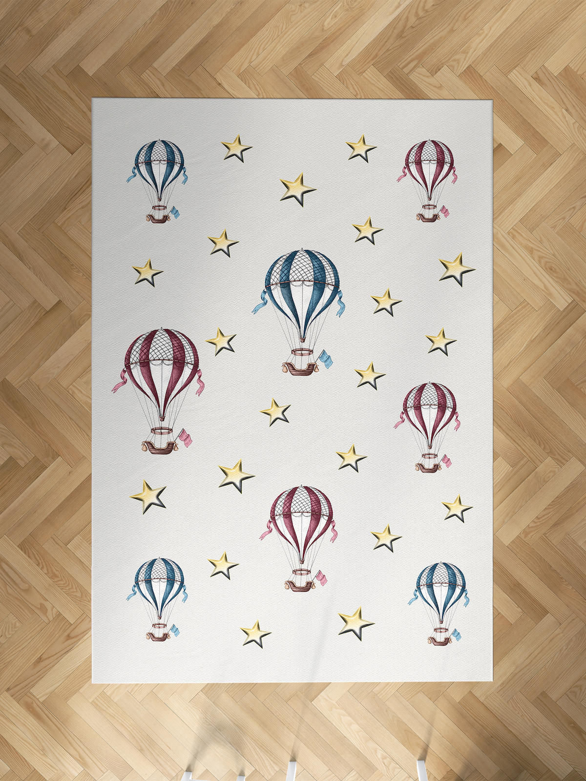 Mekta Home Uçan Balon-Yıldız Krem 10 mm Antibakteriyel Yıkanabilir İnce Kaymaz Dot Taban Dikdörtgen Makine Dokuma Çocuk Odası Halısı 80x300 cm