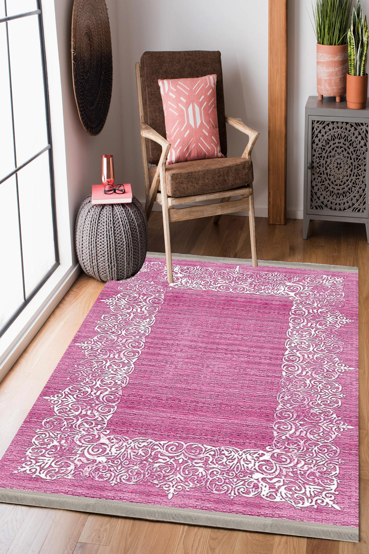 Homier Collection H-KS-3074B Beyaz-Pembe 7 mm Pamuk Antibakteriyel Yıkanabilir Orta Kaymaz Dot Taban Dikdörtgen Makine Dokuma Salon Halısı 100x150 cm