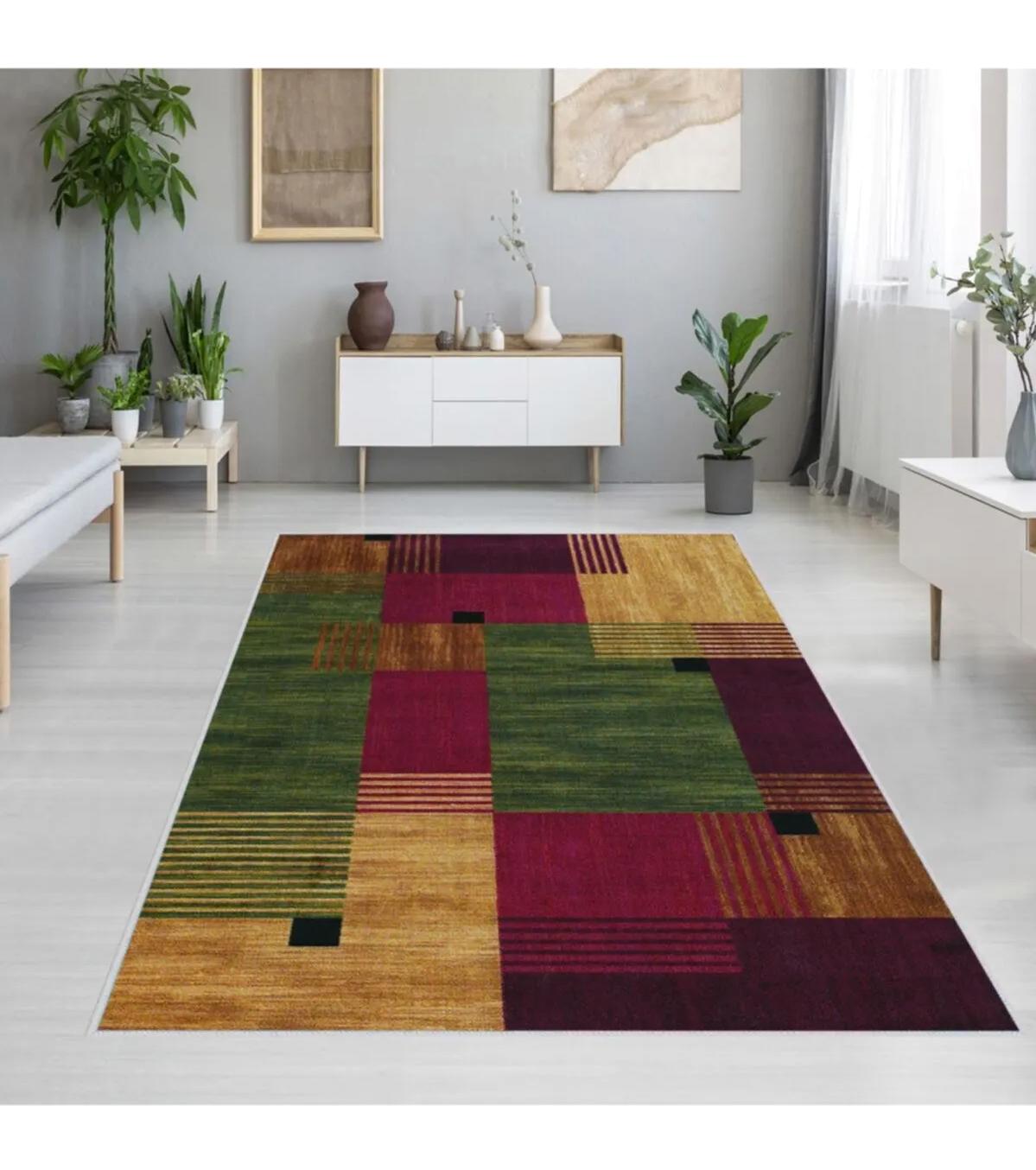 Rovigo Home RVG1197 Çok Renkli 8 mm Polyester Antibakteriyel-Leke Tutmaz-Toz Tutmaz Yıkanabilir İnce Kaymaz Dot Taban Dikdörtgen Makine Dokuma Salon Halısı 140x200 cm