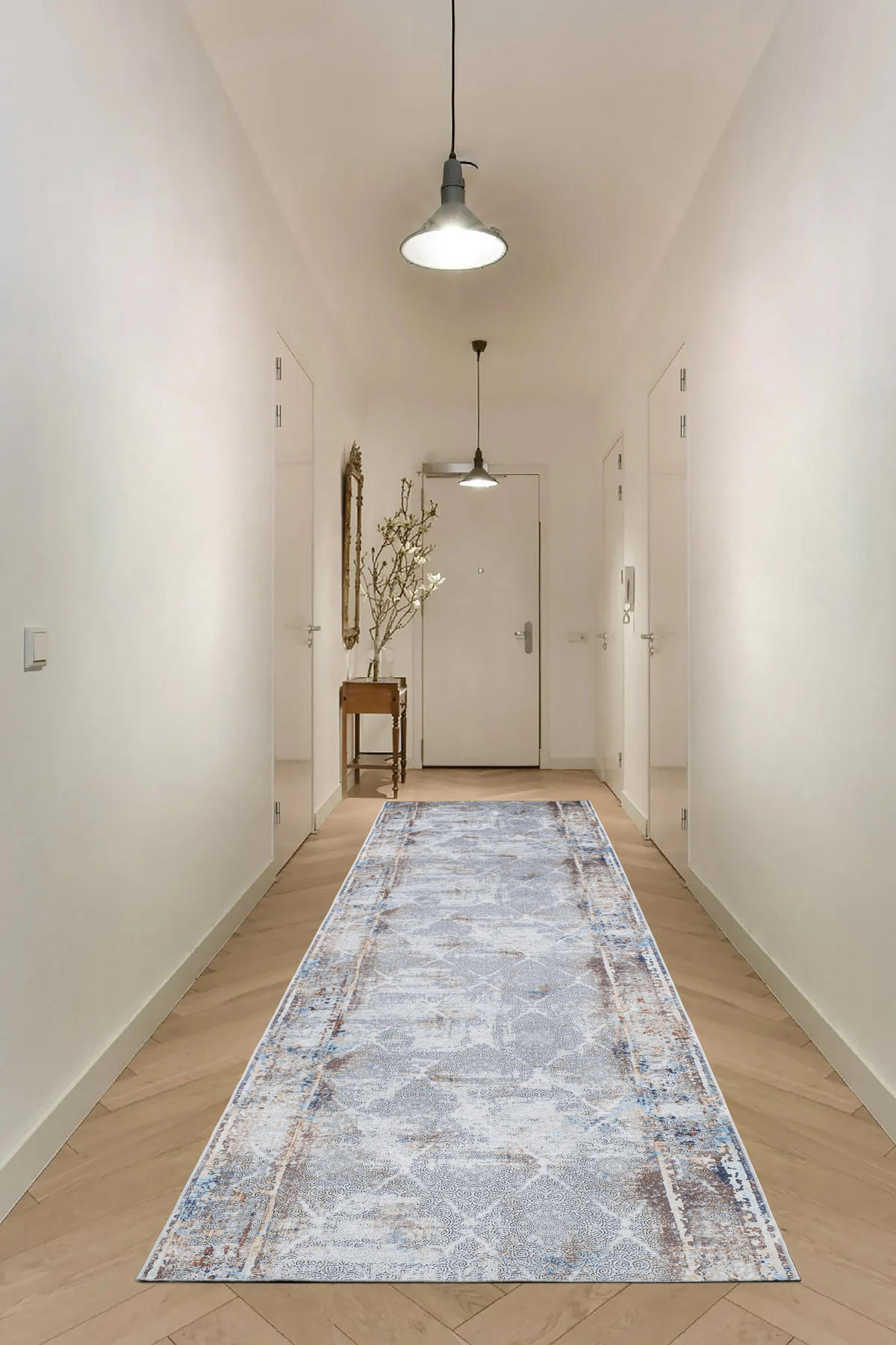 Valery Home Bianca Krem Lacivert 12 mm Polipropilen Yıkanabilir Orta Kaymaz Dot Taban Dikdörtgen Makine Dokuma Antre Halısı 100x200 cm
