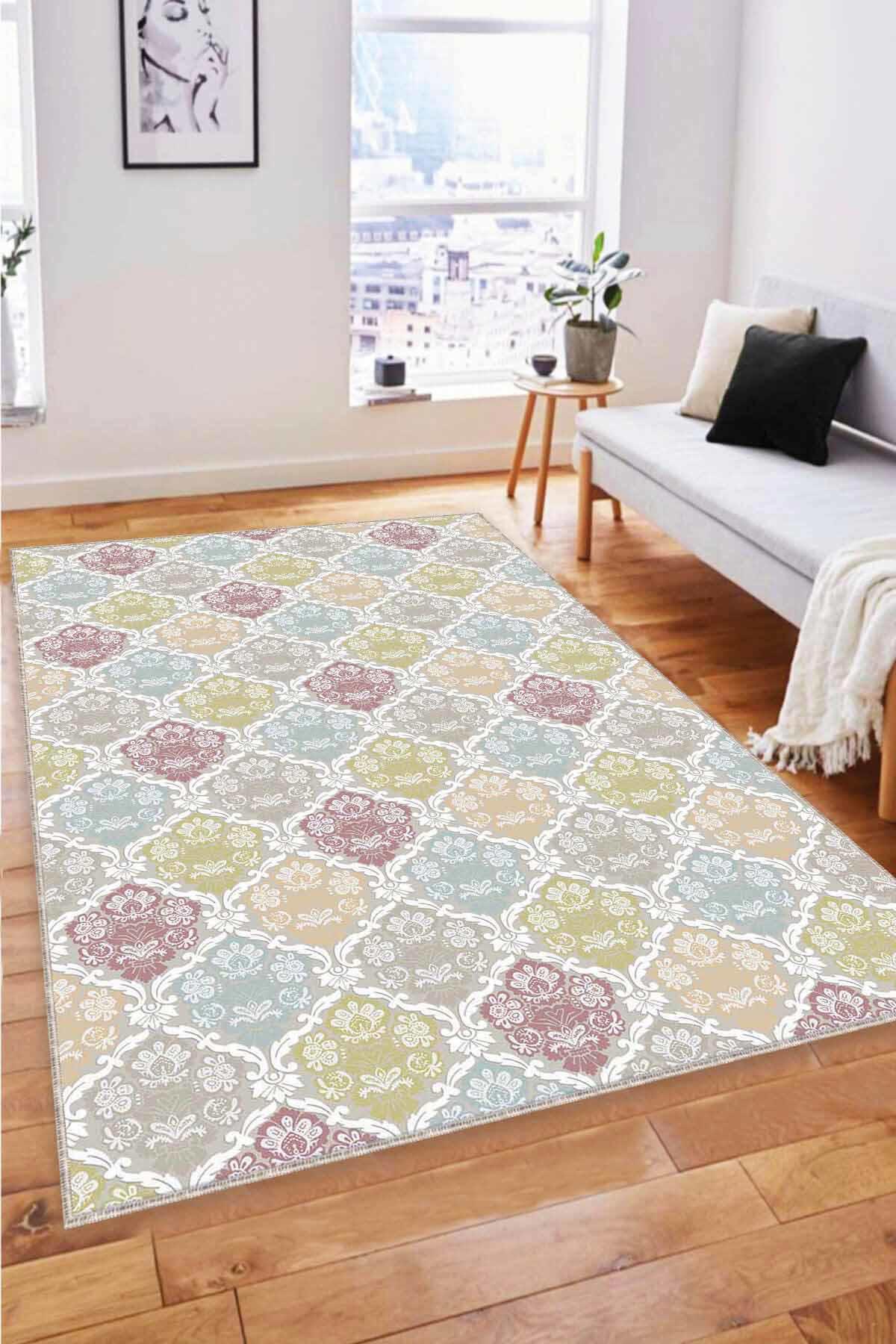 Viva Home RV372 Krem 7 mm Mikropolyester Leke Tutmaz Yıkanabilir Orta Kaymaz Dot Taban Dikdörtgen Makine Dokuma Oturma Odası Halısı 80x150 cm