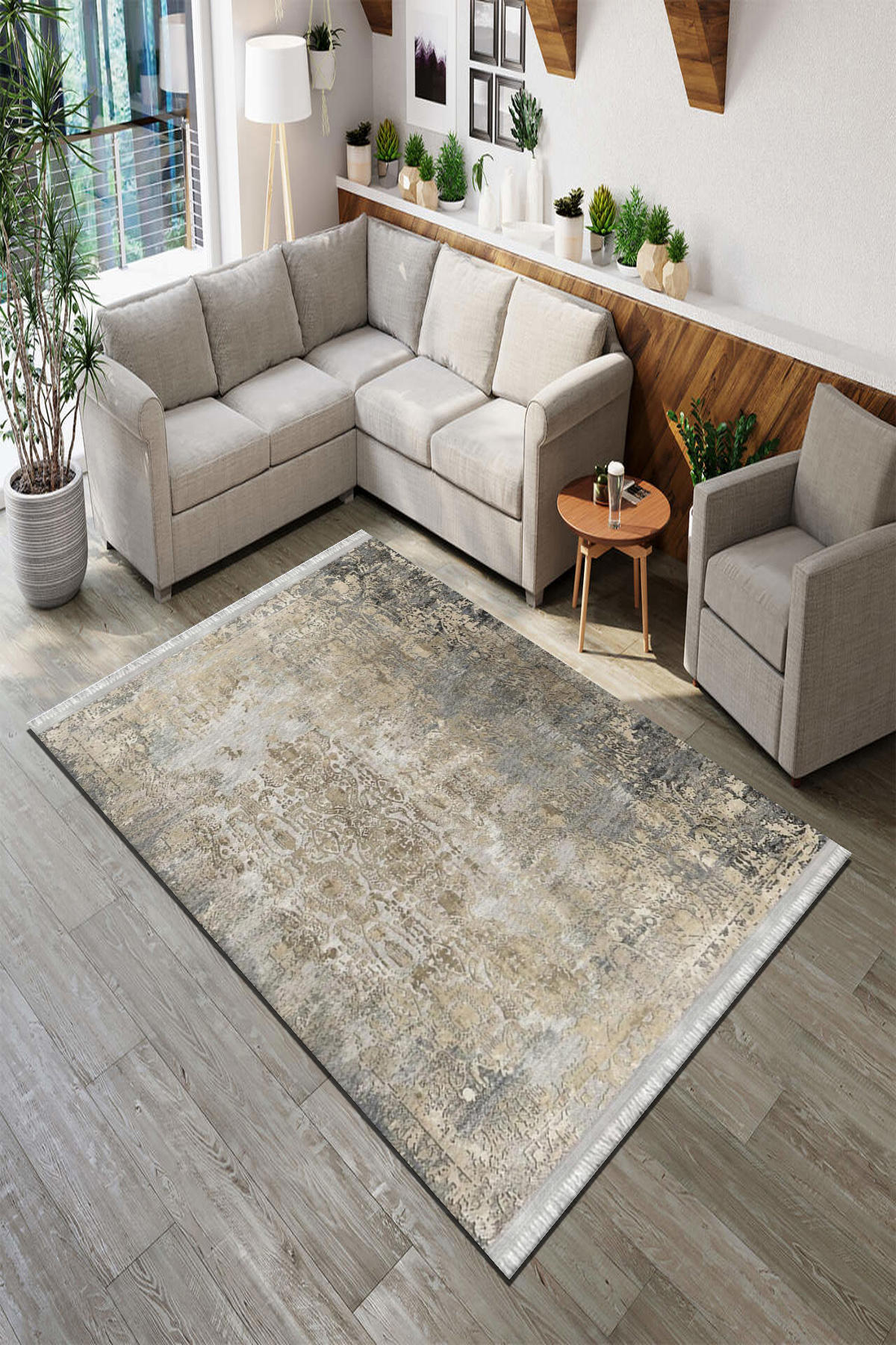 Roslyn Home Beyaz-Gri 6 mm Polyester Toz Tutmaz Yıkanabilir İnce Kaymaz Dot Taban Dikdörtgen Makine Dokuma Salon Halısı 140x200 cm