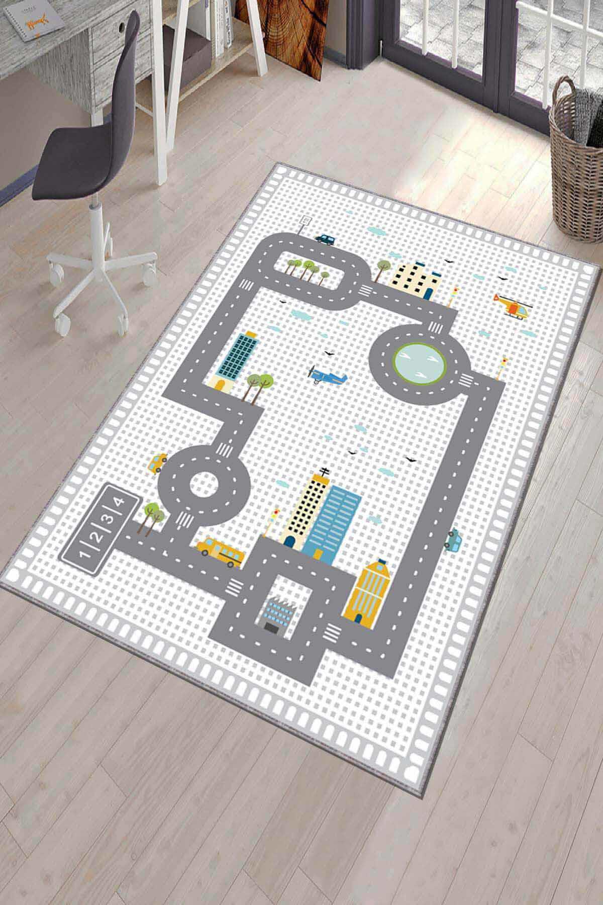 Viva Home AR236 Ekru 7 mm Mikropolyester Silinebilir Yıkanabilir Orta Kaymaz Figürlü Dikdörtgen Makine Dokuma Çocuk Odası Halısı 80x500 cm