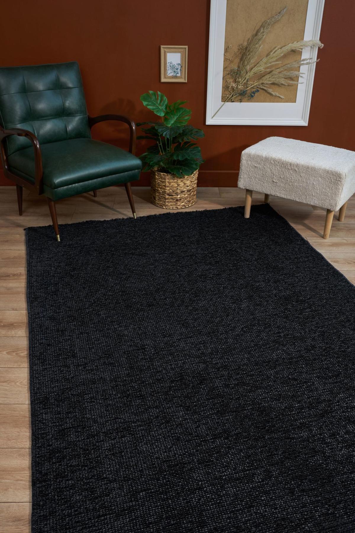 Apex Zenith 8907 Antrasit Pamuk Yıkanabilir İnce Kaymaz Jüt Taban Dikdörtgen Makine Dokuma Salon Halısı 140x220 cm