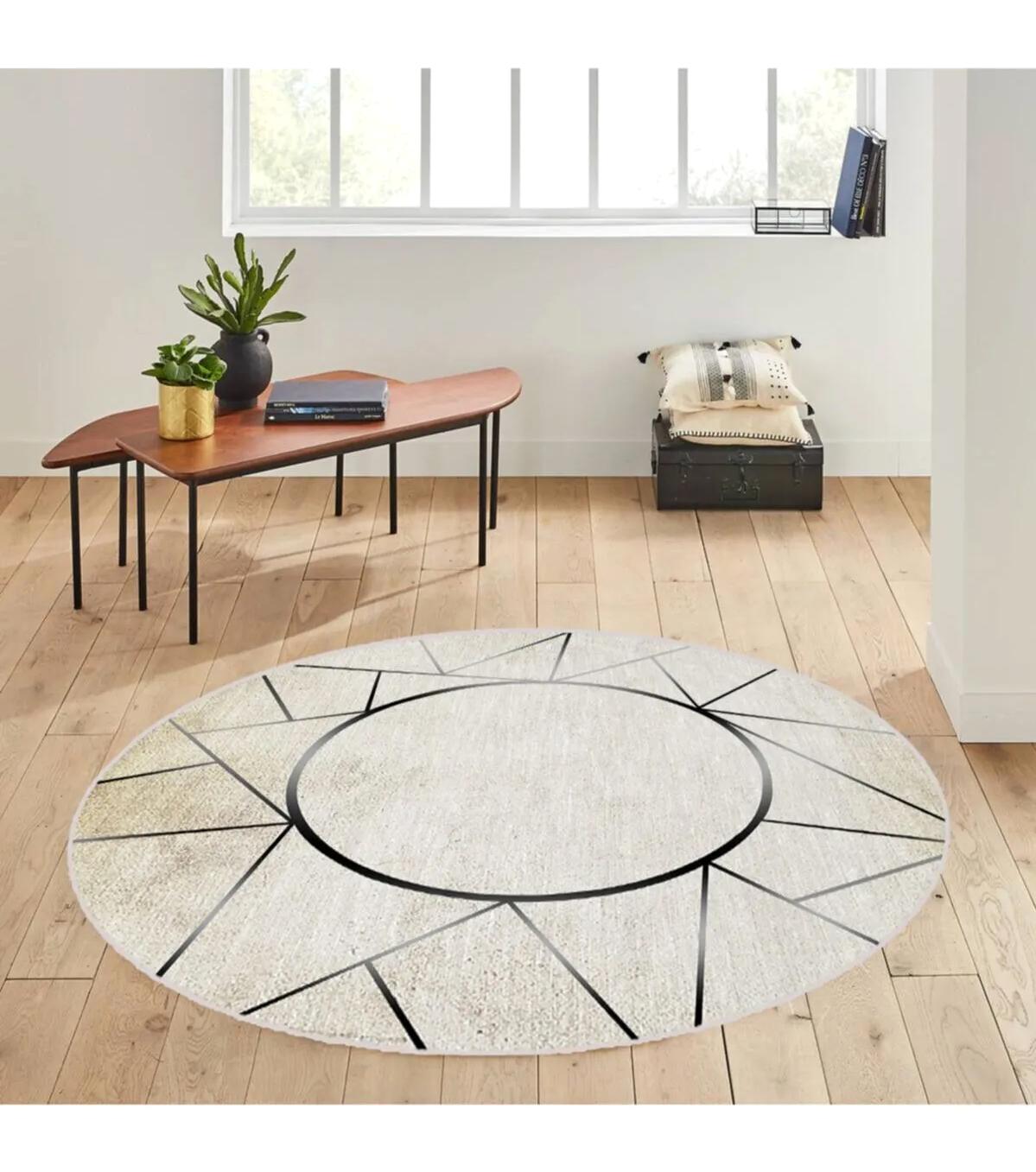 Rovigo Home RVG7138 Krem 8 mm Polyester Antibakteriyel-Leke Tutmaz-Toz Tutmaz Yıkanabilir İnce Kaymaz Dot Taban Yuvarlak Makine Dokuma Salon Halısı 80x200 cm