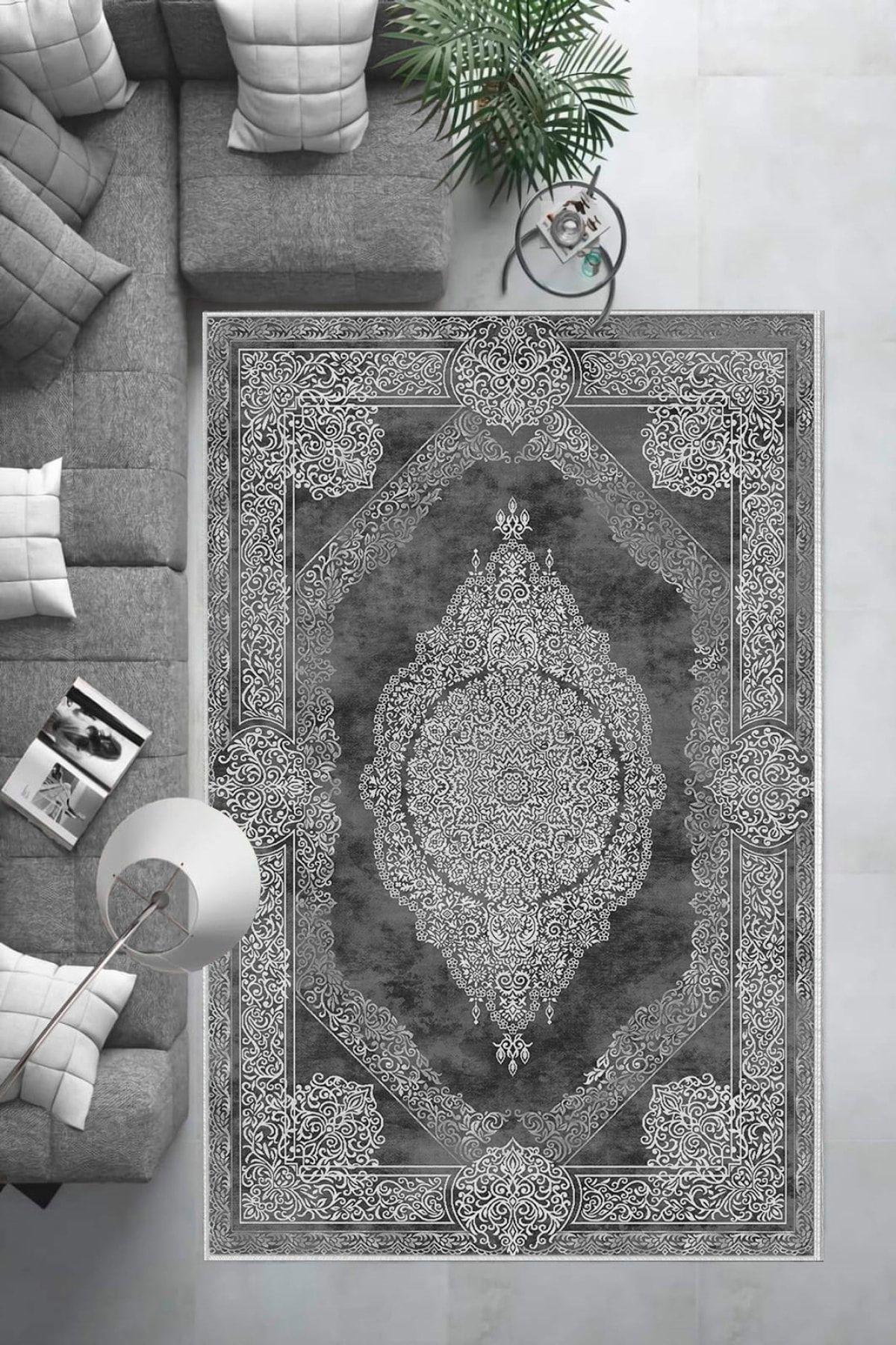 Aldora E4175 Antrasit Gri 9 mm Deri Toz Tutmaz Yıkanabilir İnce Kaymaz Deri Taban Dikdörtgen Makine Dokuma Salon Halısı 100x200 cm