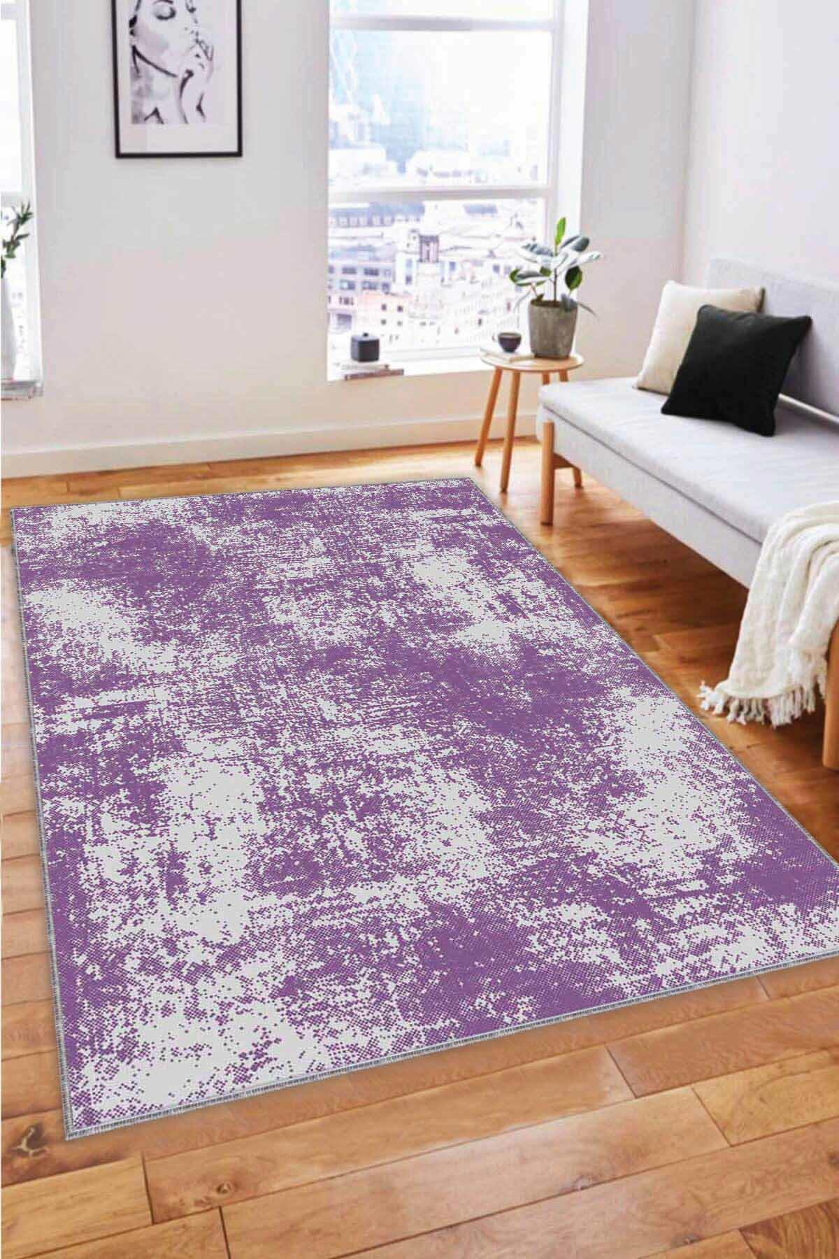 Viva Home SS03 Mor 7 mm Mikropolyester Antibakteriyel Yıkanabilir İnce Kaymaz Dot Taban Dikdörtgen Makine Dokuma Salon Halısı 80x200 cm
