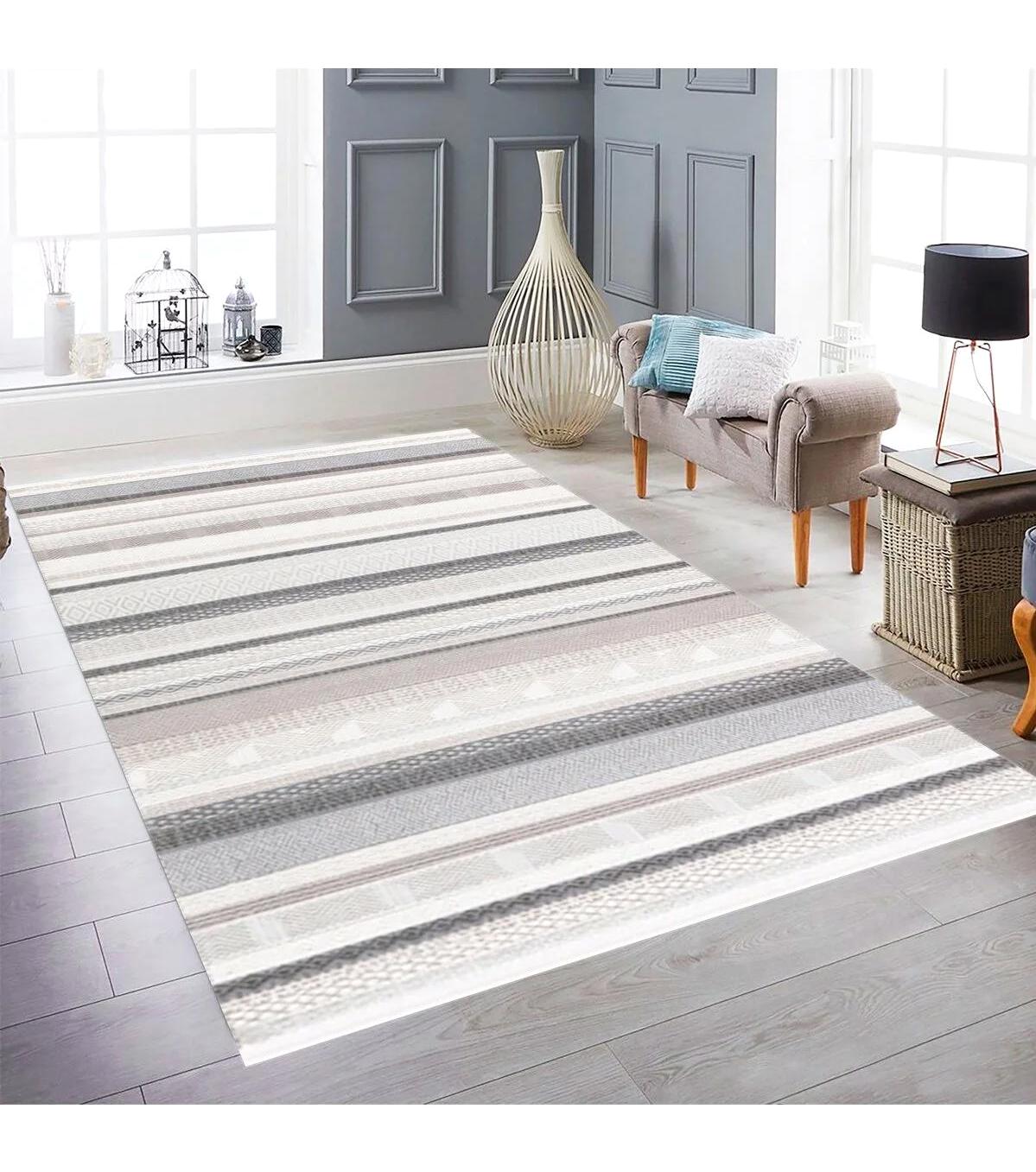 Merinos  Recycle 38433 Krem 7 mm Pamuk Toz Tutmaz Yıkanabilir İnce Kaymaz Geometrik Dikdörtgen Makine Dokuma Salon Halısı 180x250 cm