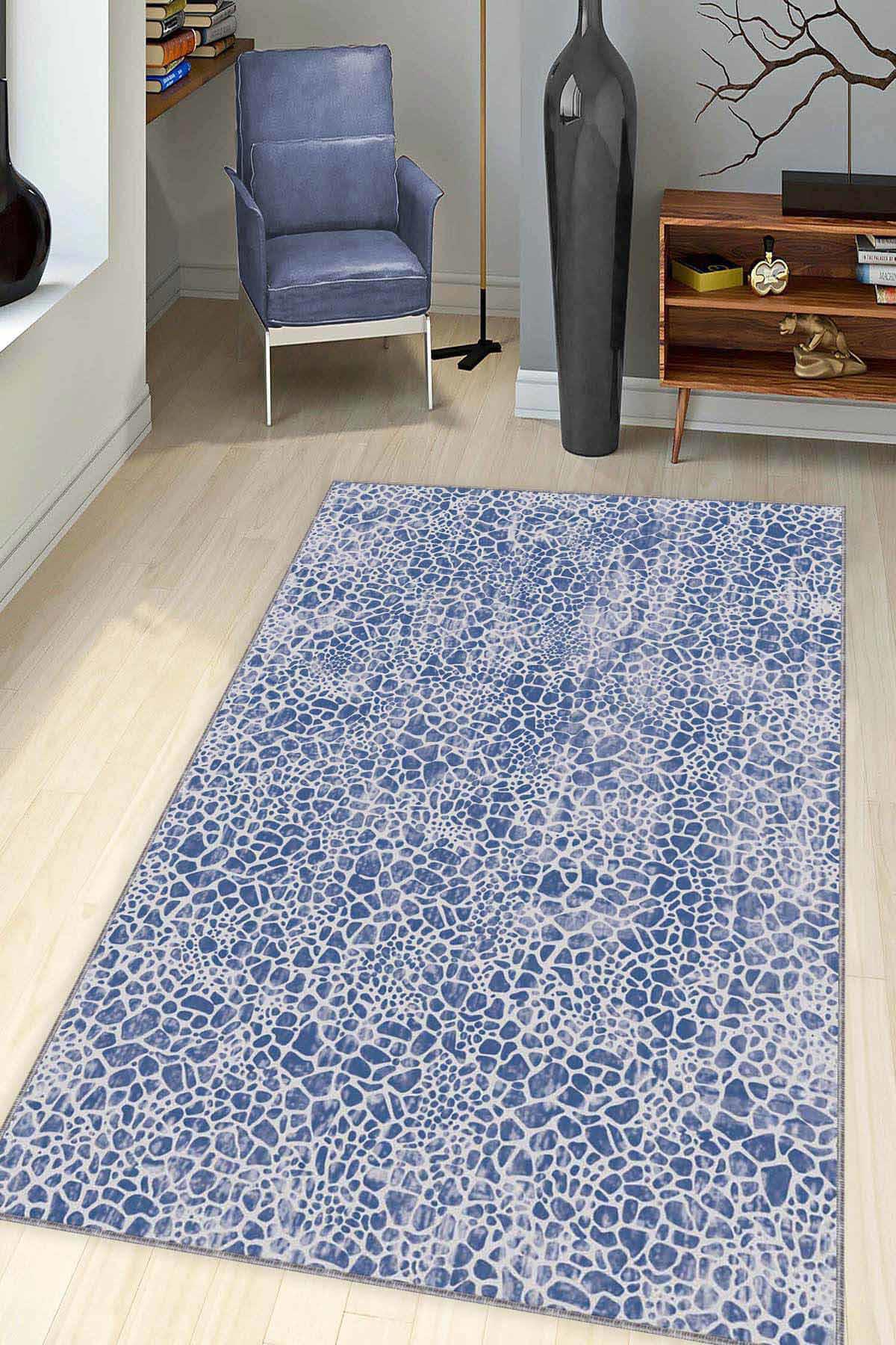 Viva Home LE04 Lacivert 7 mm Mikropolyester Leke tutmaz Yıkanabilir İnce Kaymaz Dot Taban Dikdörtgen Makine Dokuma Salon Halısı 160x230 cm