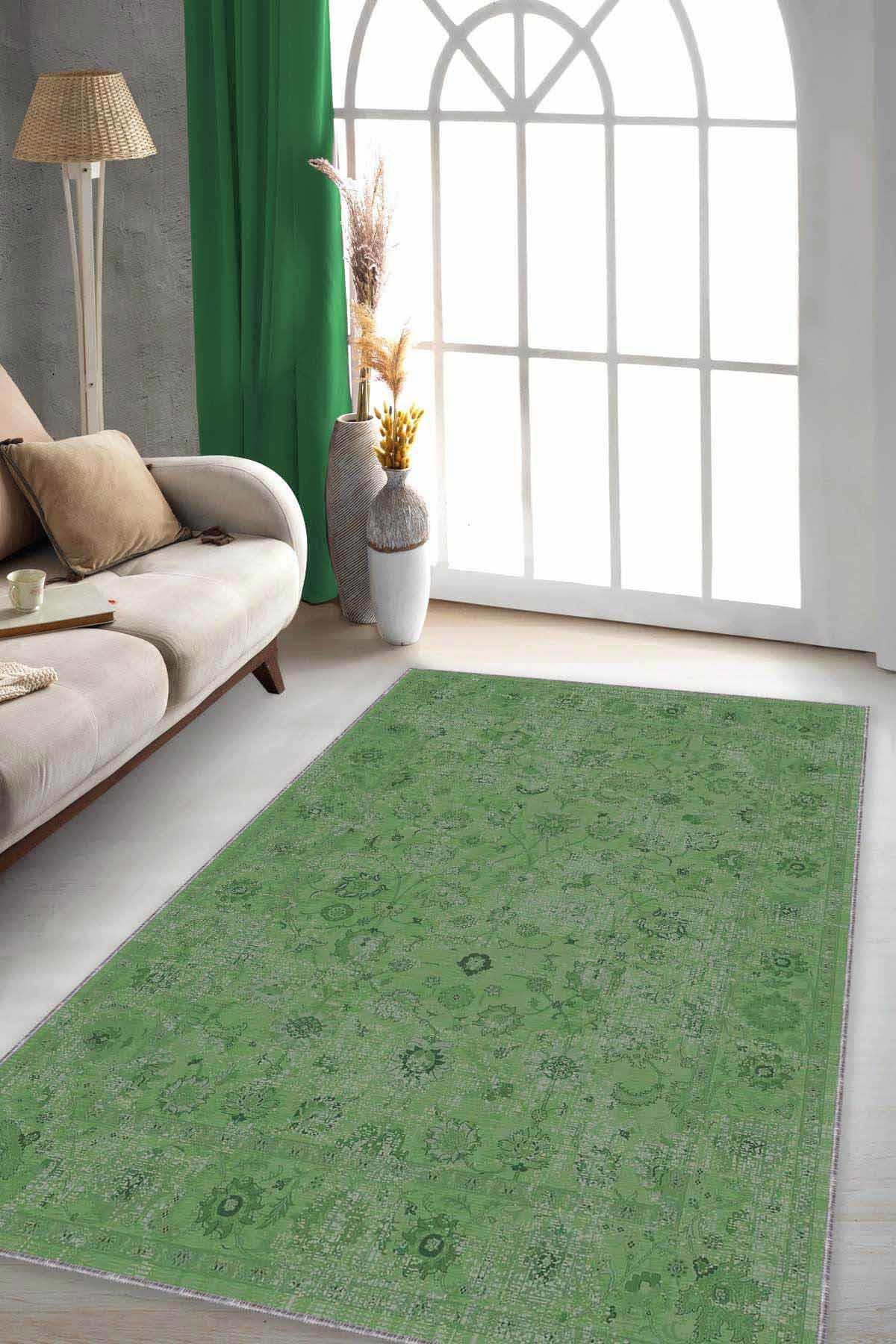 Viva Home KR031 Yeşil 7 mm Mikropolyester Yalıtıma Yardımcı Yıkanabilir İnce Kaymaz Taban Dikdörtgen Makine Dokuma Antre-Salon-Yatak Odası Halısı 160x230 cm