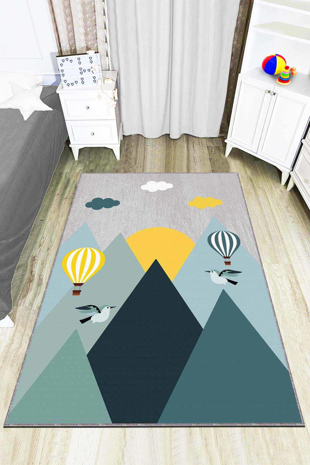Viva Home AR764 Yeşil 7 mm Mikropolyester Toz Tutmaz Yıkanabilir İnce Kaymaz Taban Dikdörtgen Makine Dokuma Çocuk Odası Halısı 80x140 cm