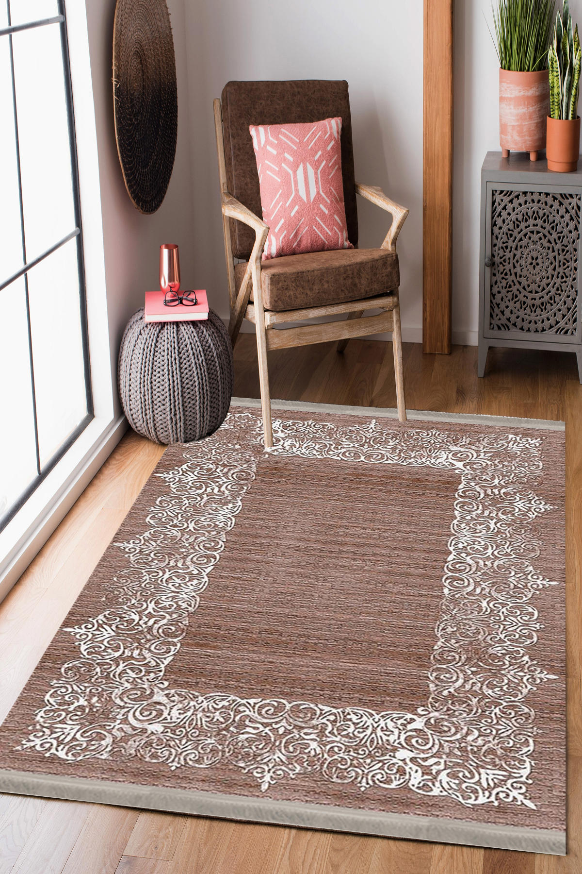 Homier Collection H-KS-3074A Kahverengi 7 mm Pamuk Antibakteriyel Yıkanabilir Orta Kaymaz Dot Taban Dikdörtgen Makine Dokuma Salon Halısı 80x80 cm