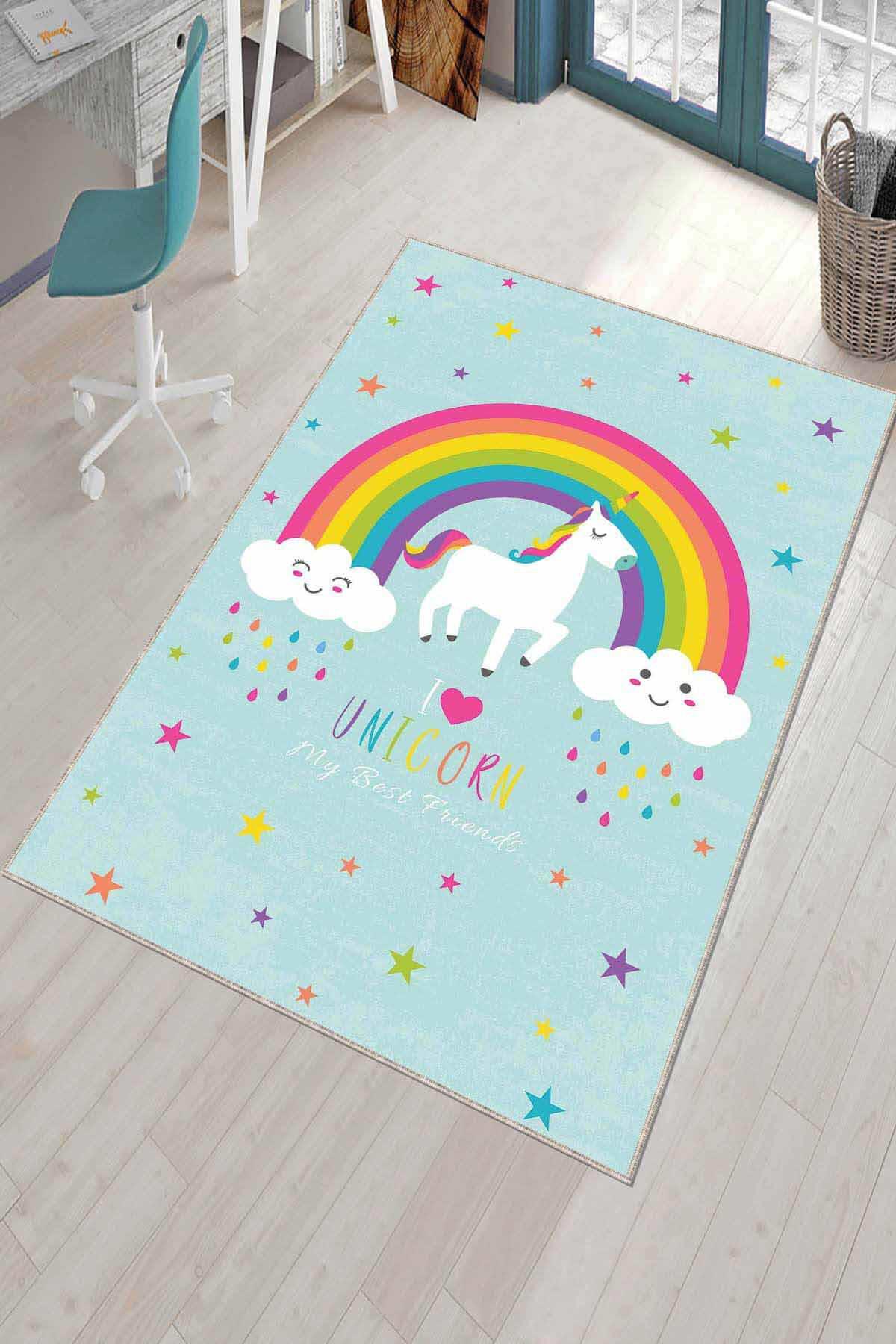 Viva Home AR752 Mavi 7 mm Mikropolyester Leke tutmaz Yıkanabilir İnce Kaymaz Dot Taban Dikdörtgen Makine Dokuma Çocuk Odası Halısı 150x250 cm