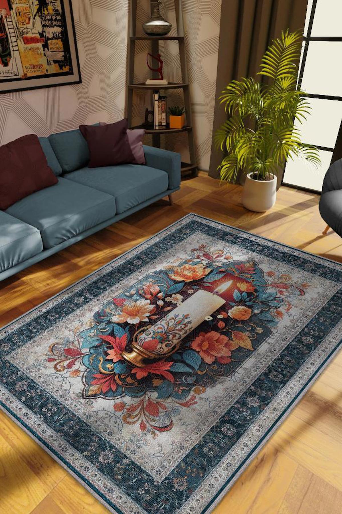Homshtag Mum Çok Renkli 4 mm Pamuk Antistatik Yıkanabilir İnce Kaymaz Dikdörtgen Makine Dokuma Salon Halısı 120x180 cm