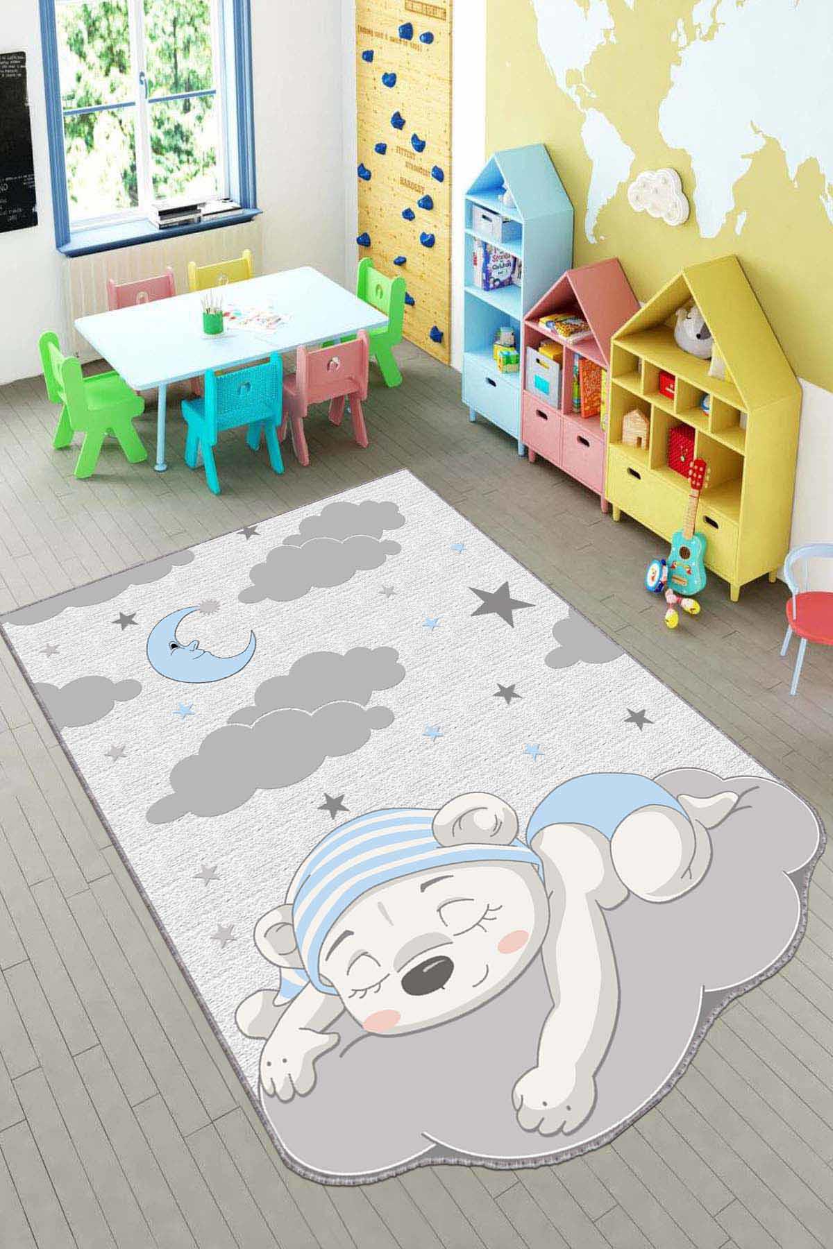 Viva Home AR185 Mavi 7 mm Mikropolyester Leke tutmaz Yıkanabilir İnce Kaymaz Dot Taban Dikdörtgen Makine Dokuma Çocuk Odası Halısı 120x200 cm