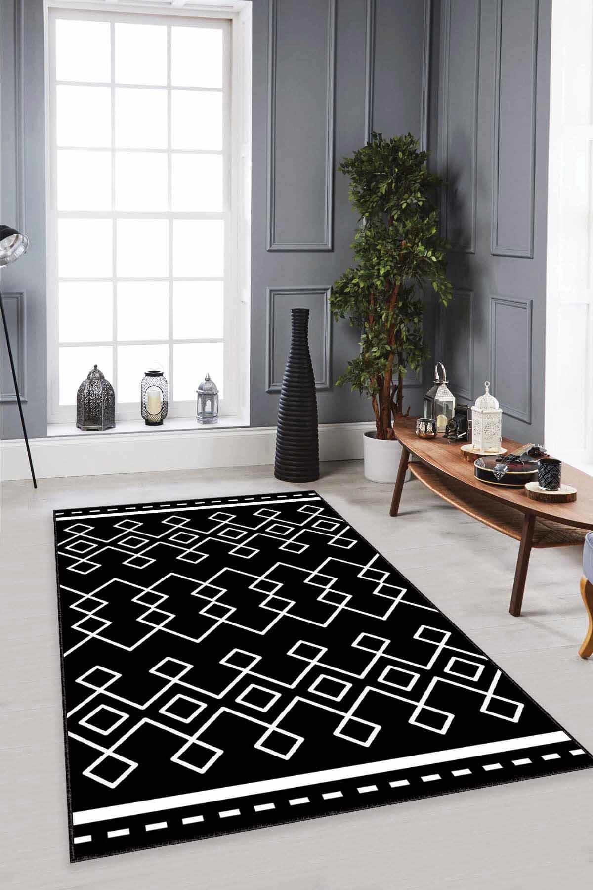 Viva Home MRC04 Beyaz - Siyah 7 mm Mikropolyester Antibakteriyel Yıkanabilir Kalın Kaymaz Lateks Taban Dikdörtgen Makine Dokuma Salon Halısı 200x290 cm