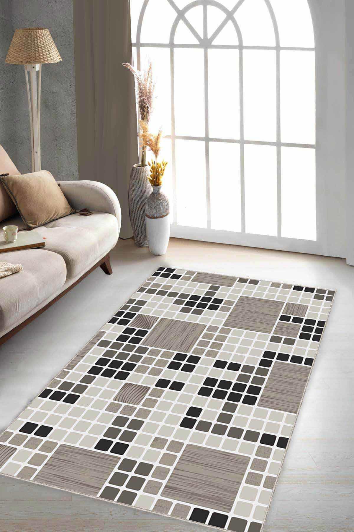 Viva Home PUZ02 Bej 7 mm Mikropolyester Yıkanabilir İnce Kaymaz Jüt Taban Dikdörtgen Makine Dokuma Salon Halısı 100x300 cm