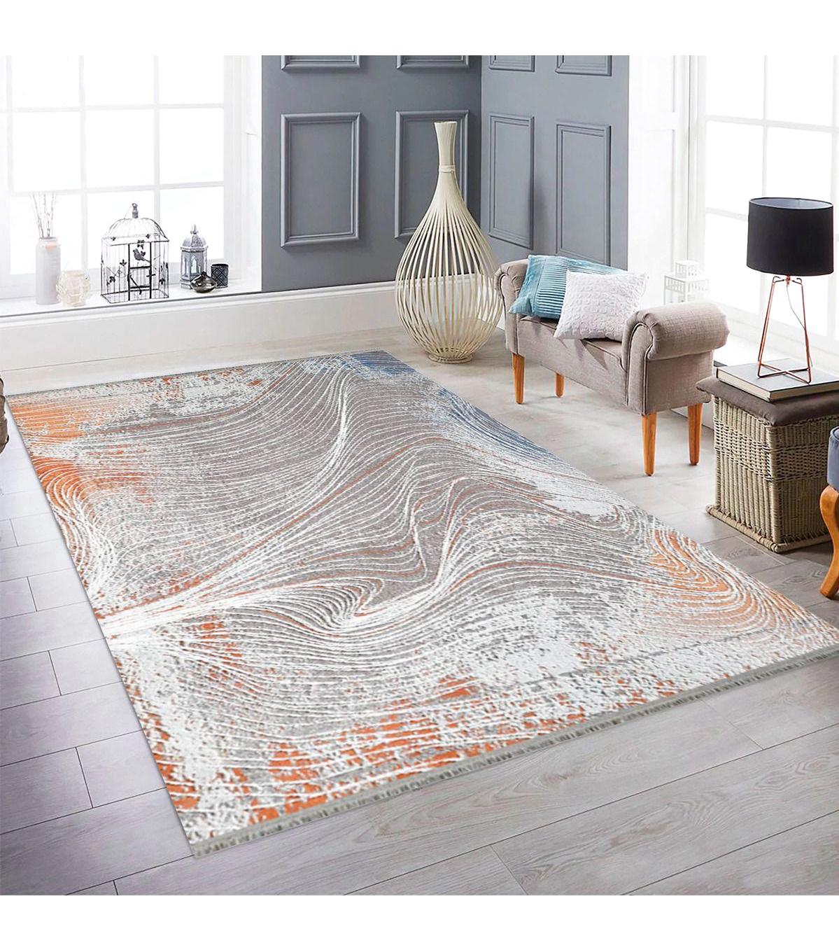 Royal Halı Serenity Gri-Turuncu 9 mm Akrilik Toz Tutmaz Yıkanabilir Kalın Kaymaz Lateks Taban Dikdörtgen Makine Dokuma Salon Halısı 100x350 cm