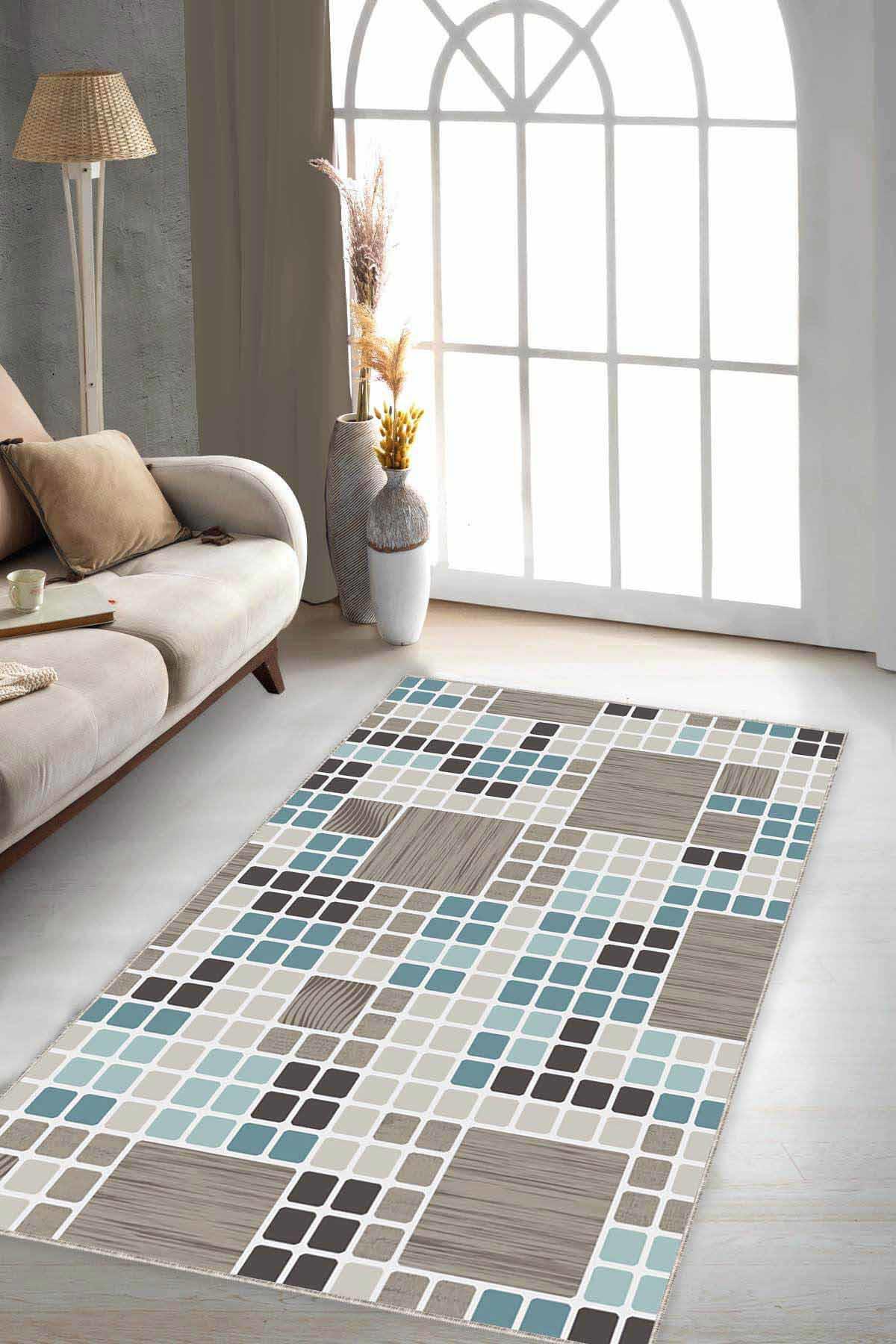 Viva Home PUZ04 Çok Renkli 7 mm Mikropolyester Koku Yapmaz-Leke Tutmaz-Toz Tutmaz Yıkanabilir İnce Kaymaz Dot Taban Dikdörtgen Makine Dokuma Antre-Oturma Odası-Salon-Yatak Odası Halısı 120x200 cm