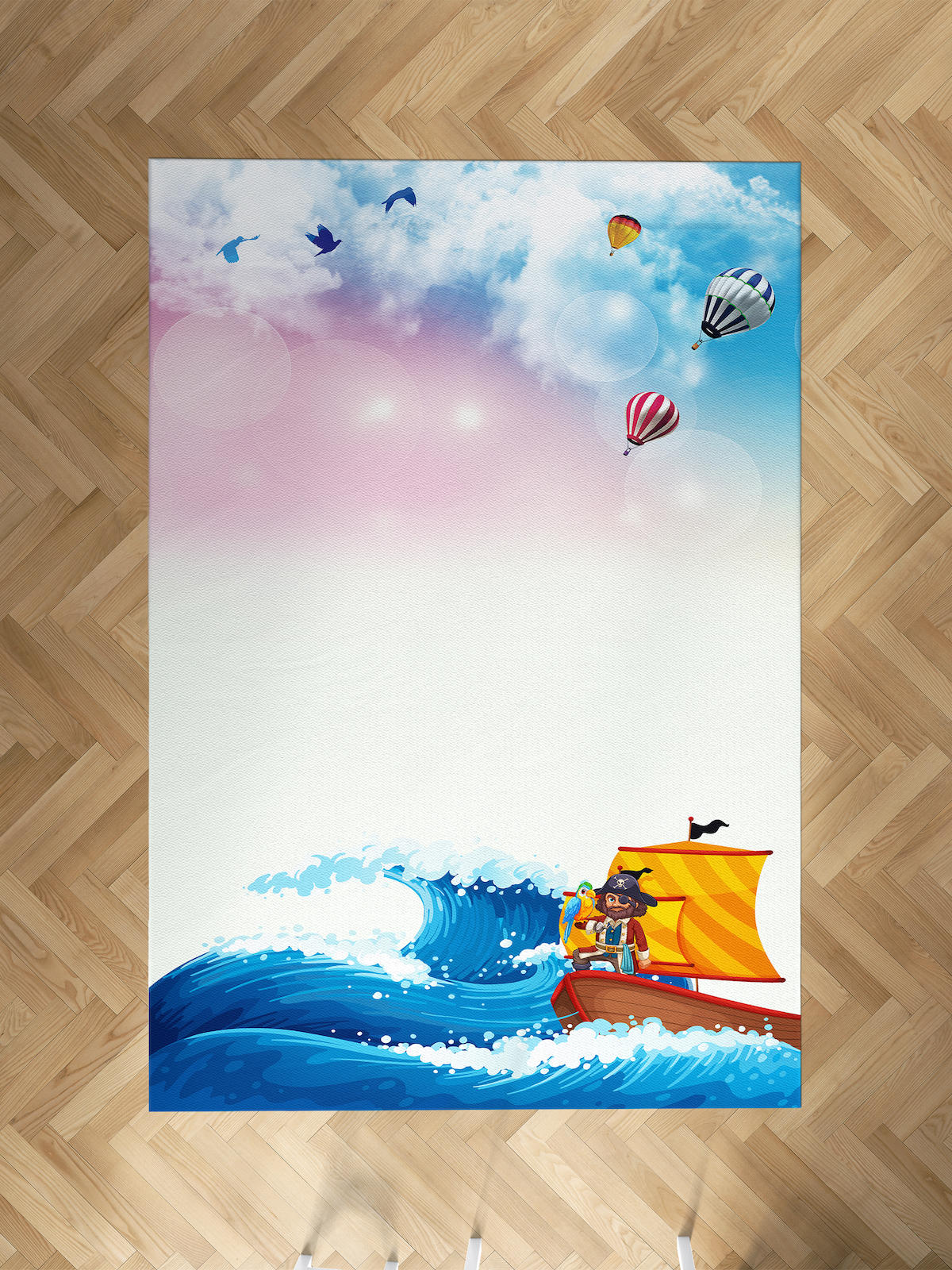 Mekta Home Balon-Korsan Krem 10 mm Antibakteriyel Yıkanabilir İnce Kaymaz Dot Taban Dikdörtgen Makine Dokuma Çocuk Odası Halısı 100x700 cm