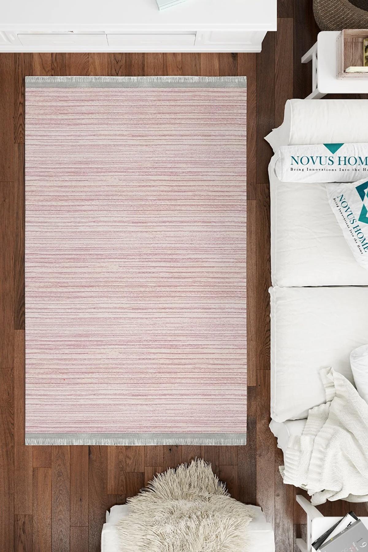 Novus Home Punto Serisi Pembe 7 mm Polyester Antibakteriyel-Toz Tutmaz-Yalıtıma Yardımcı Yıkanabilir İnce Kaymaz Taban Dikdörtgen Makine Dokuma Antre-Salon-Yatak Odası Halısı 100x150 cm