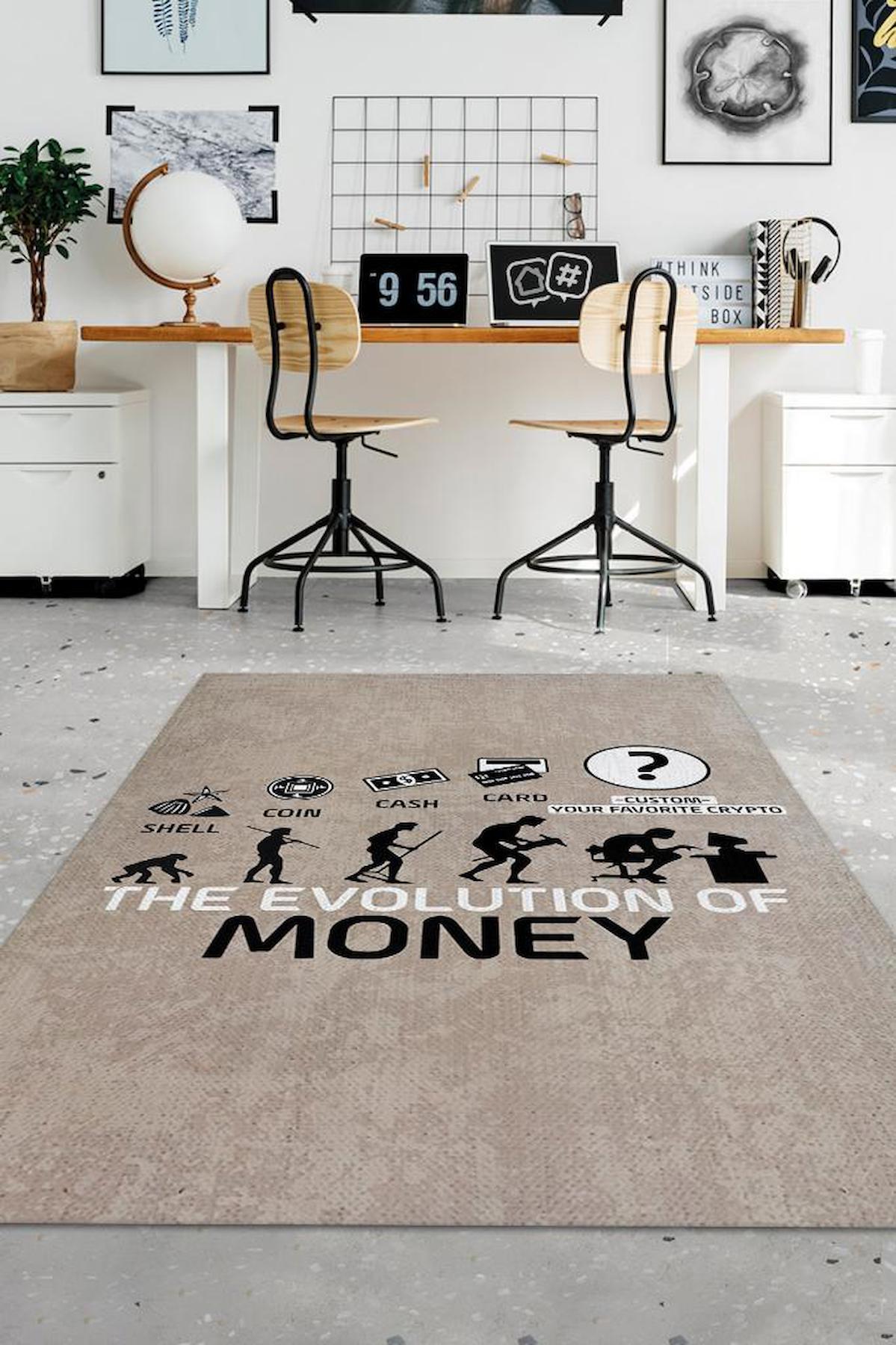 Homshtag Paranın Evrimi Krem 4 mm Pamuk Antistatik Yıkanabilir İnce Kaymaz Dikdörtgen Makine Dokuma Çalışma Odası Halısı 160x230 cm