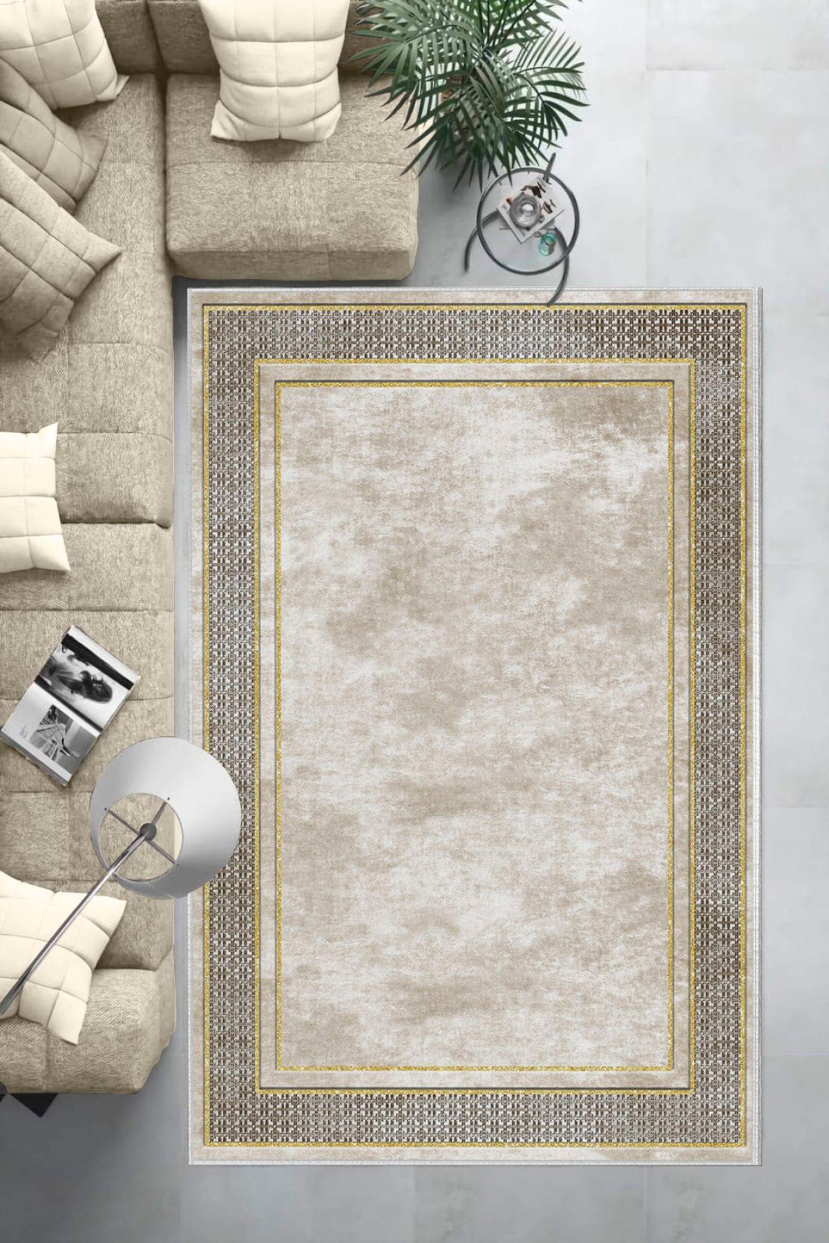Aldora B1181 Krem 9 mm Deri Leke tutmaz Yıkanabilir İnce Kaymaz Deri Taban Dikdörtgen Makine Dokuma Salon Halısı 80x500 cm