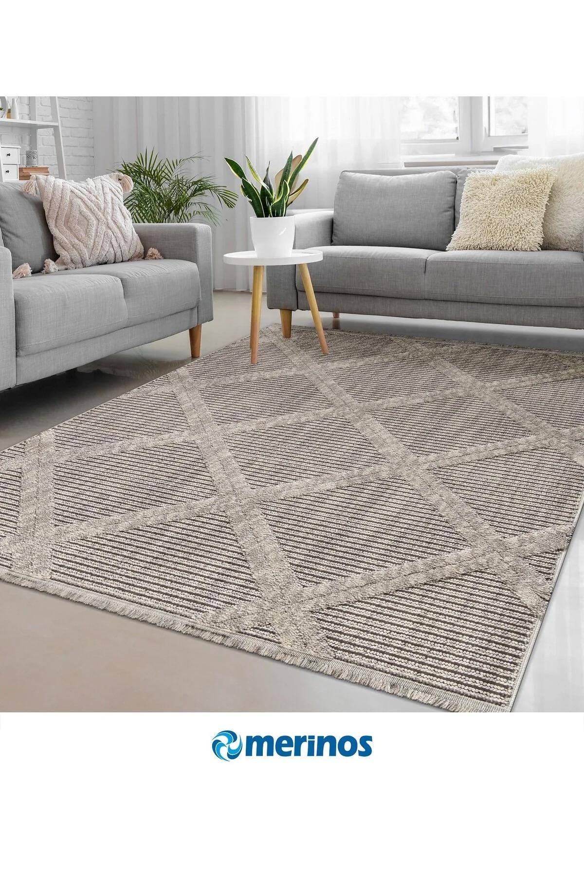 Merinos Garden 61576 Krem 5 mm Polipropilen Silinebilir Yıkanabilir Kaymaz Dikdörtgen Makine Dokuma Salon Halısı 170x250 cm