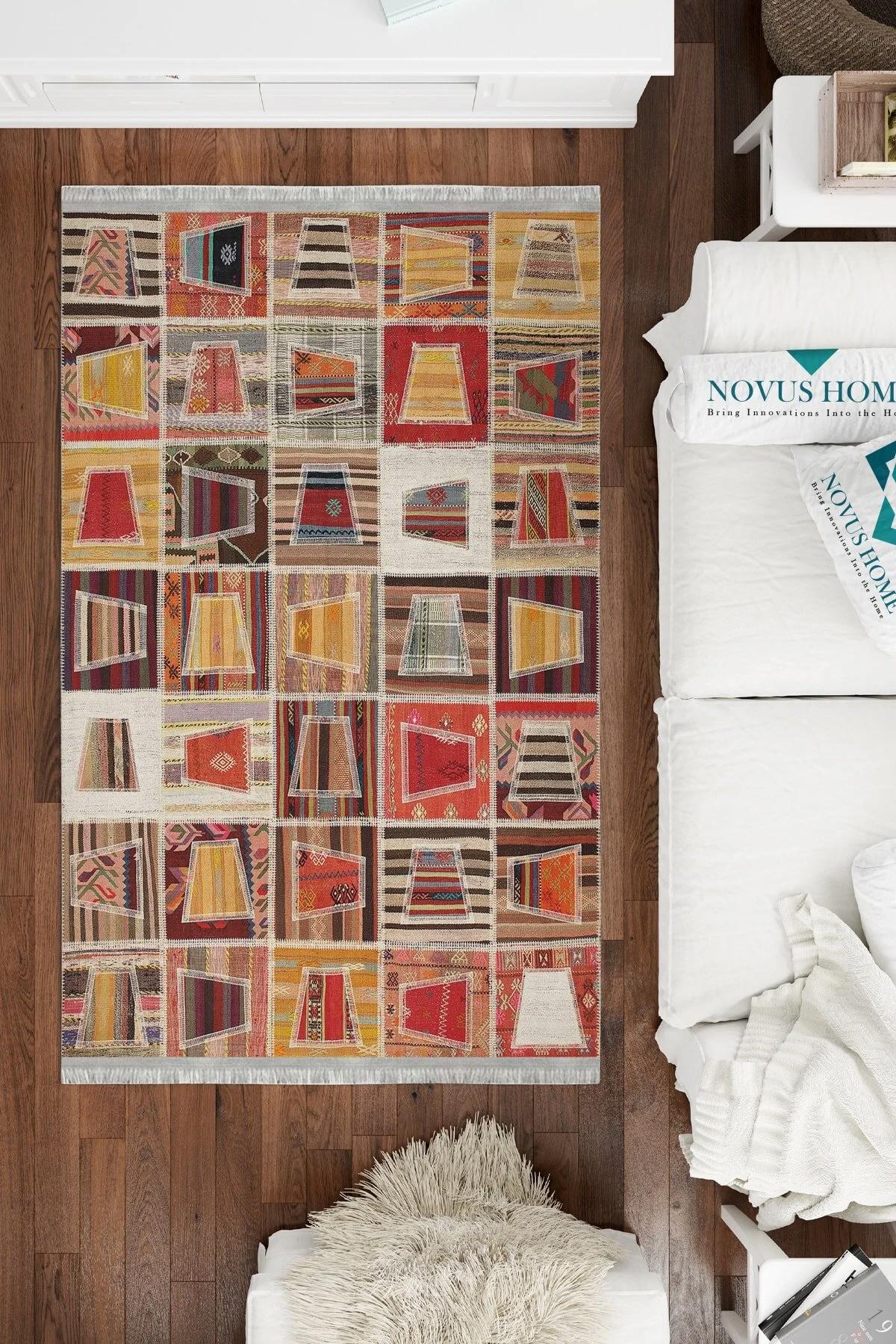 Novus Home Westa Serisi Çok Renkli 6 mm Pamuk Antibakteriyel-Toz Tutmaz-Yalıtıma Yardımcı Yıkanabilir İnce Kaymaz Taban Dikdörtgen Makine Dokuma Antre-Salon-Yatak Odası Halısı 160x235 cm