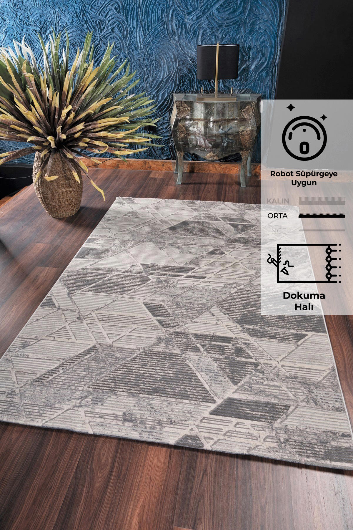 Konfor Halı Motto 4482 Gri 7 mm Polyester Yıkanabilir Dikdörtgen Makine Dokuma Salon Halısı 160x235 cm