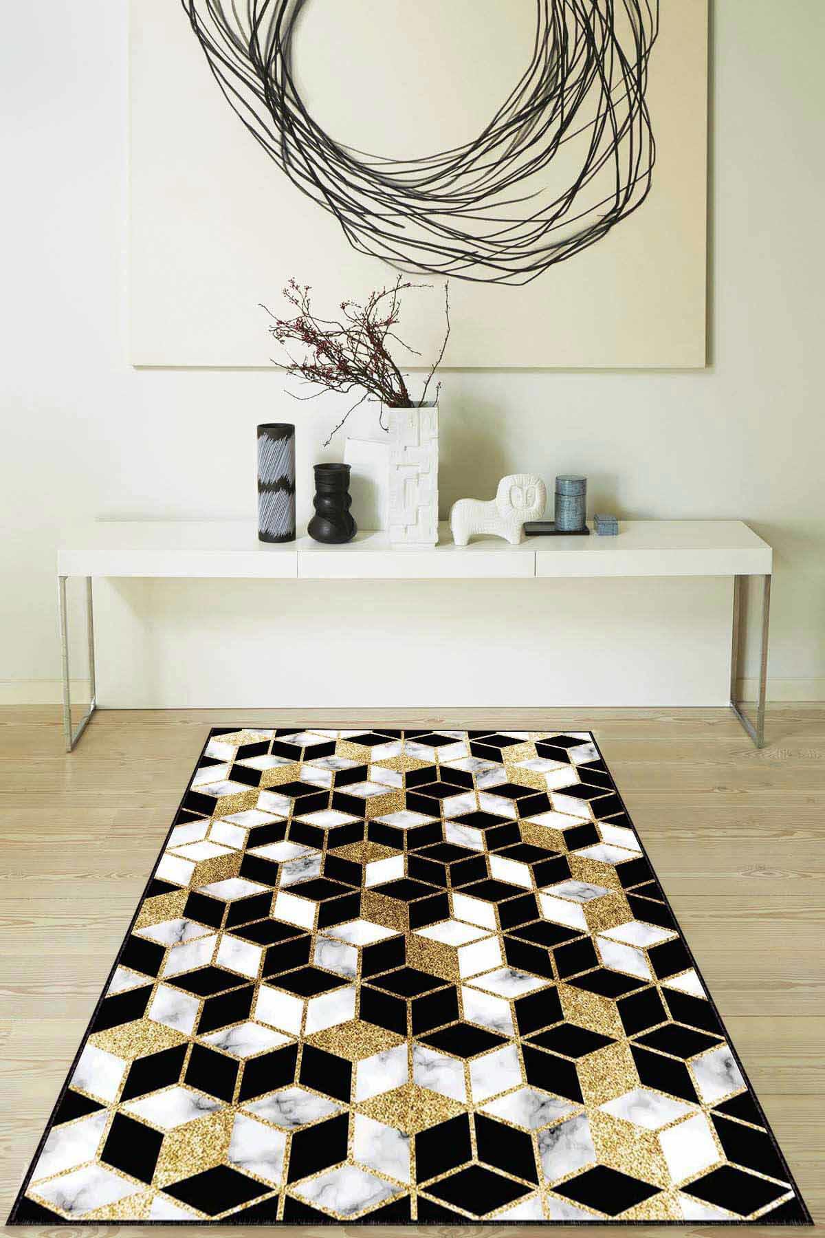 Viva Home RV149 Altın 7 mm Mikropolyester Antibakteriyel Yıkanabilir İnce Kaymaz Dot Taban Geometrik Dikdörtgen Makine Dokuma Salon Halısı 80x140 cm