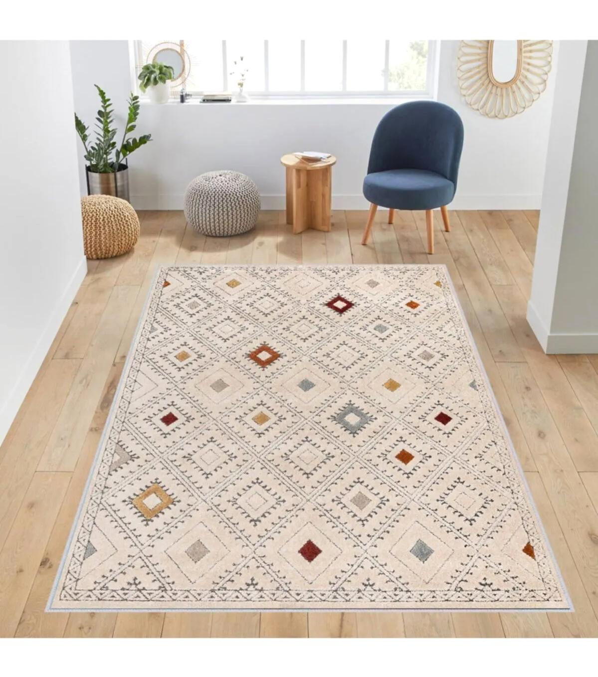 Rovigo Home RVG1013 Krem 8 mm Polyester Antibakteriyel-Leke Tutmaz-Toz Tutmaz Yıkanabilir İnce Kaymaz Dot Taban Dikdörtgen Makine Dokuma Salon Halısı 80x180 cm
